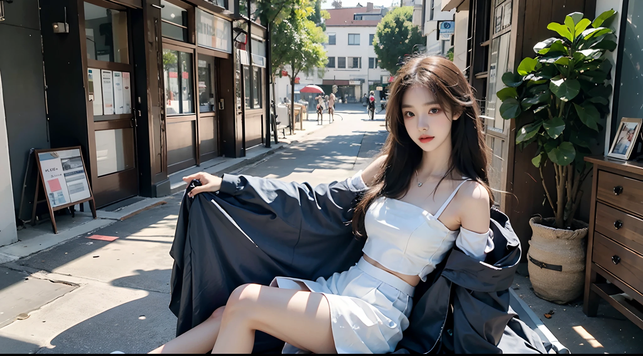 (High-resolution 8K raw photos are realistic,best qualtiy)，Fashion trendy beautiful and charming woman，gentle and charming Chinese beautiful woman，Korea,Kpop idol，delicate and sexy collarbones，charming oval face，二重まぶた，Ingenious[peaches]flower eyes，redish pink lips，small-nose，exposed bare shoulders，focus at face，closeup of face，Hyper-detailing，Blue off-the-shoulder long-sleeved top，White hip wrapped skirt，Light red hair，Background bokeh，cleavage，long leges，(Seven-doppelganger shot，中景 the scene is，Solo：1.4)，Lace，lacing，head gear， Fresh and impressive， natural color，(pedestrian street，cbd,rays of sunshine，outside，LV shoulder bag for women，cellular phone)，Front light，Sitting on the side of the street，deck chair