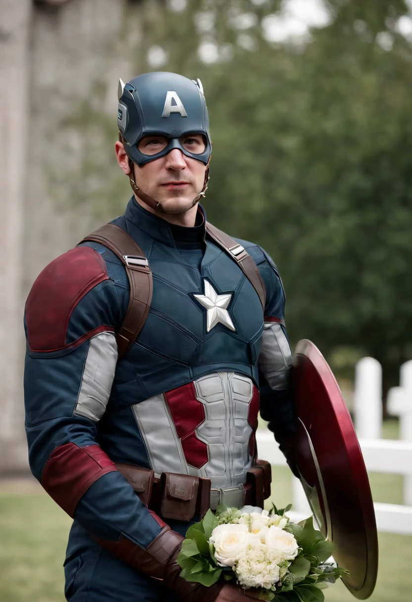 Captain America, holding a bouquet, church wedding, happy, The groomsmen were Iron Man, Thor, Hulk, and Hawkeye, standing in the back