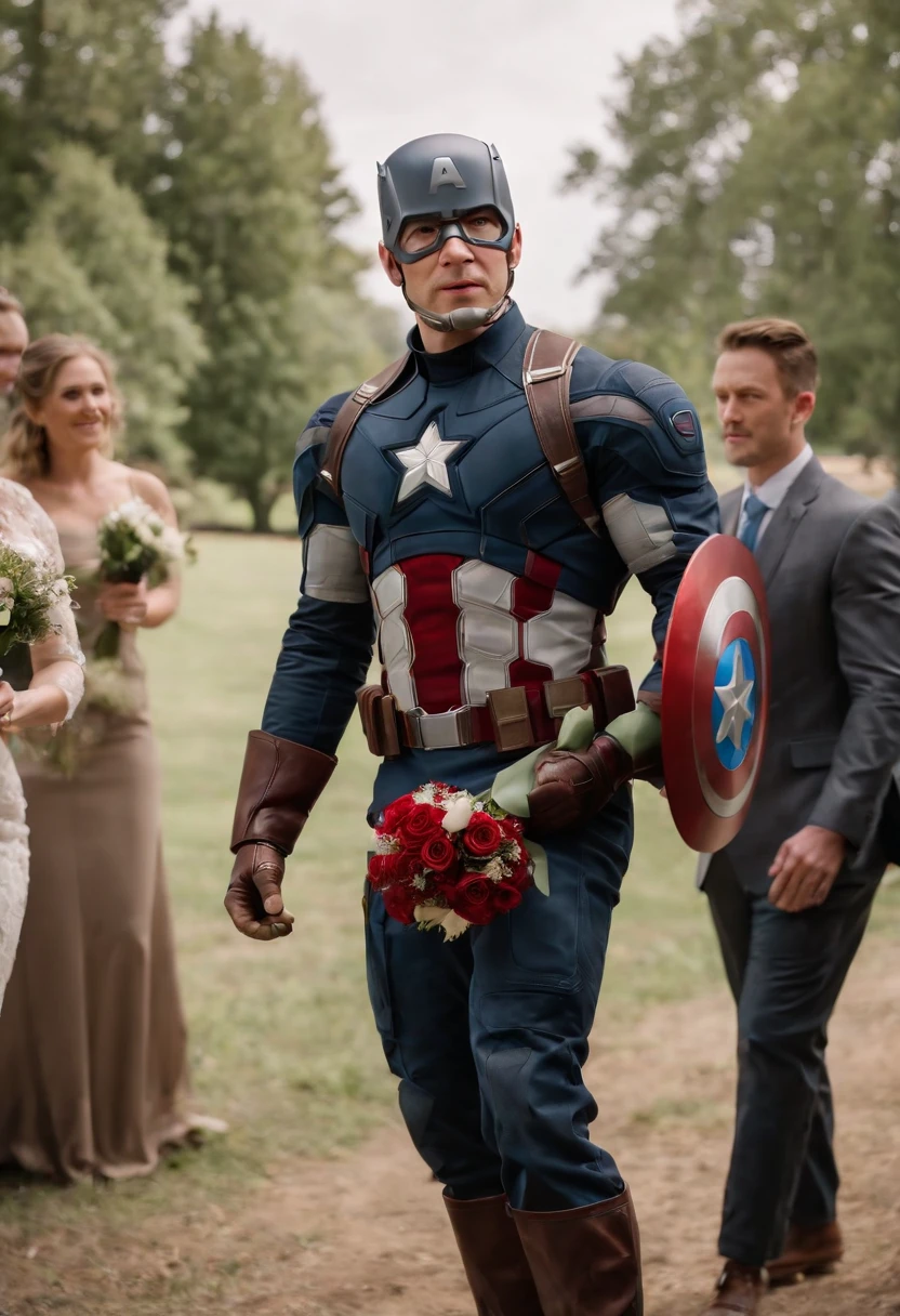 Captain America, holding a bouquet, church wedding, happy, The groomsmen were Iron Man, Thor, Hulk, and Hawkeye, standing in the back