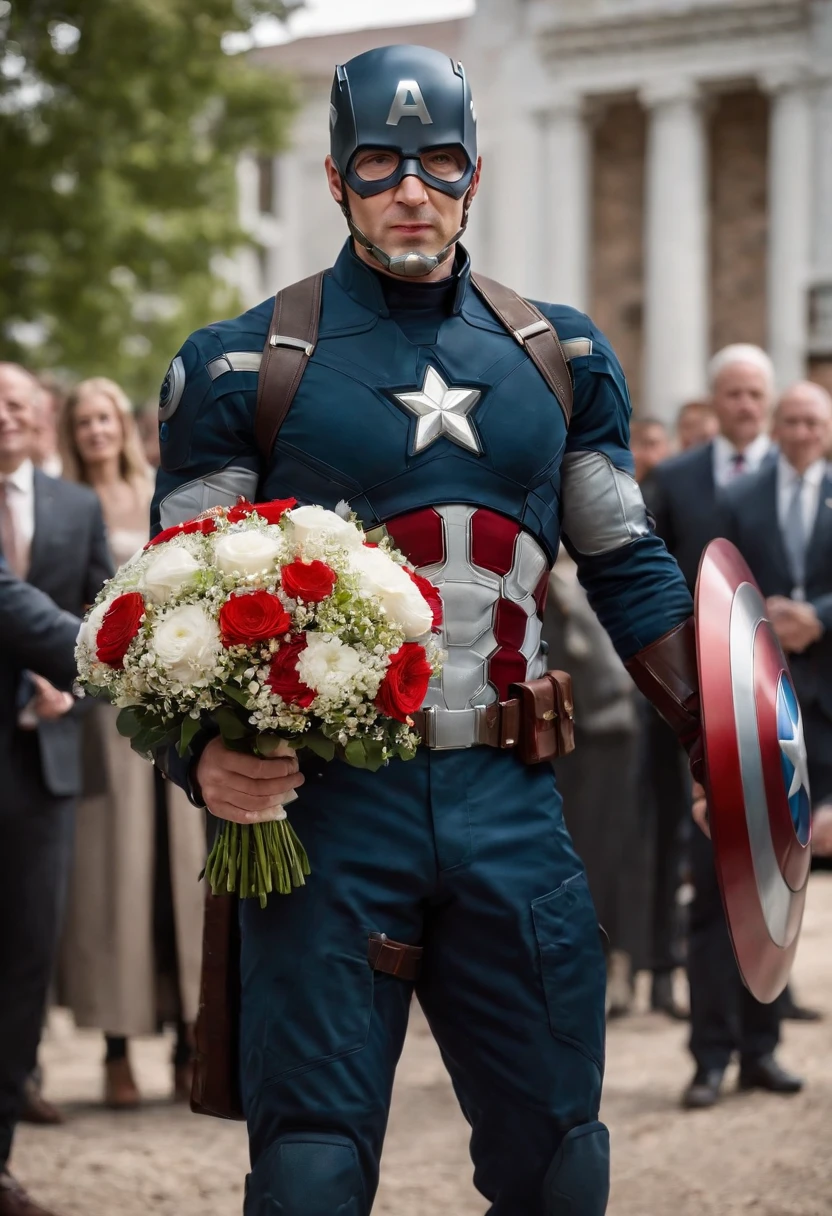 Captain America, holding a bouquet, church wedding, happy, The groomsmen were Iron Man, Thor, Hulk, and Hawkeye, standing in the back