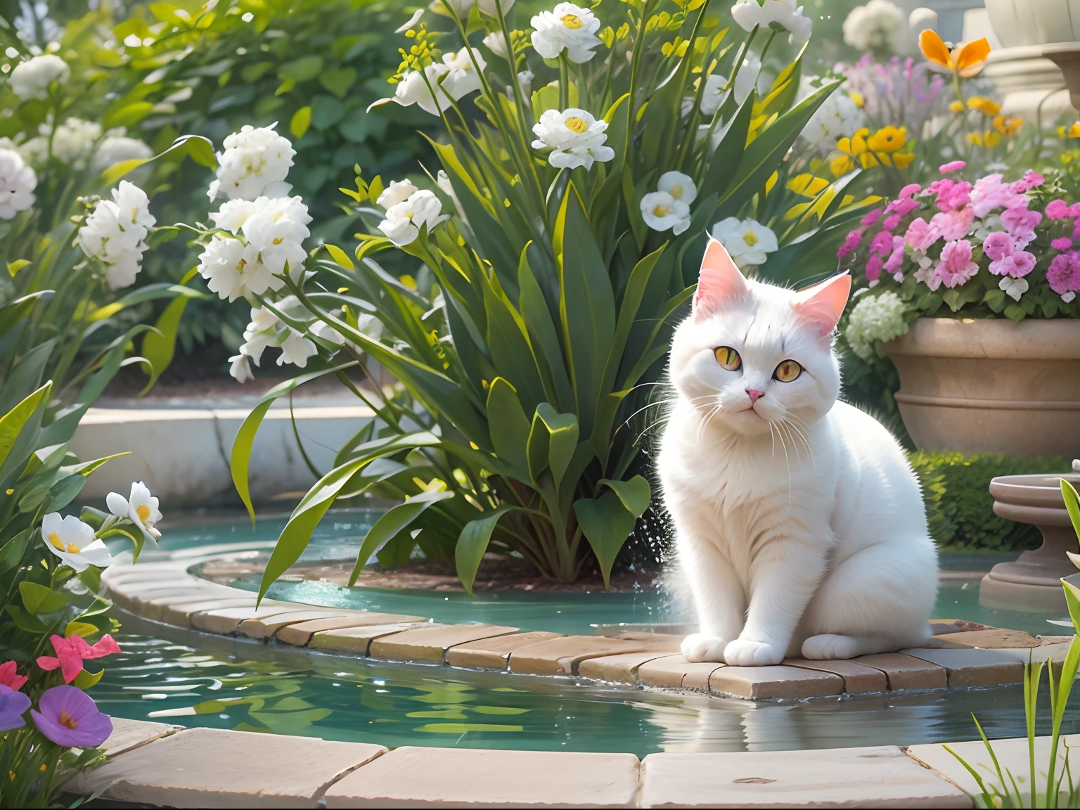 Cute round-eyed white cat, trpical garden,The fountain, lawns