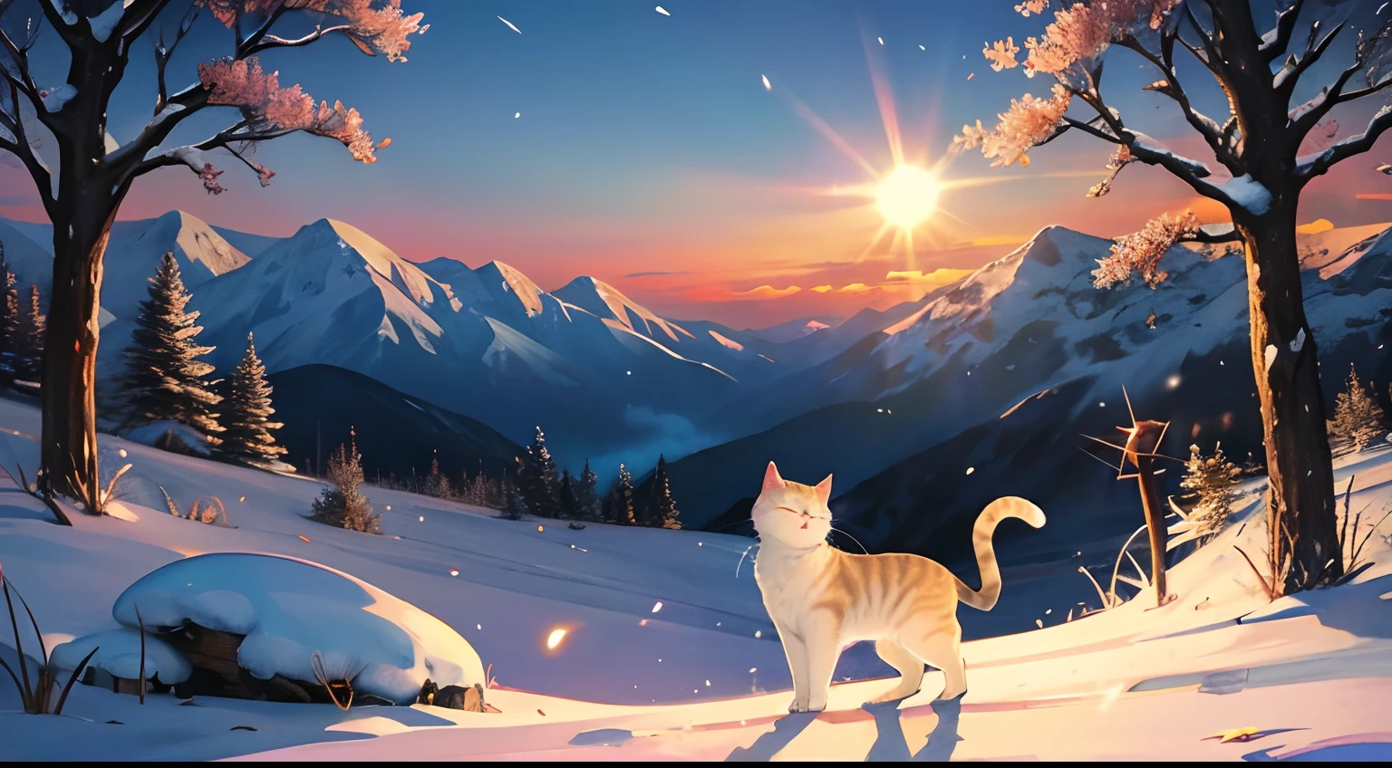 The brazier flickered on and off,I saw the ring-shaped mountain,
snow field,Surrounded by mountain shadows,The sun in the twilight,
Lots of fireflies。A cat napping,
I stretched out my hand,He ran past me。
