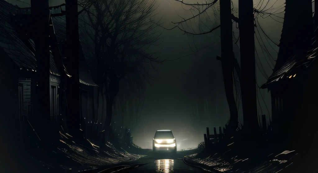 (best quality, highres,)
A taxi driving on a highway (taxi, car, vehicle, transportation) captured in a side view. The highway is dimly lit (dim, low-light, faintly lit), creating an eerie atmosphere. The road stretches far ahead (long road, extended) and is surrounded by strange, twisted trees (twisted, ominous, eerie). The overall lighting is dark and moody (dark lighting, dim lighting, gloomy atmosphere), enhancing the mysterious ambiance. The scene also includes a distant view (distant landscape, far horizon), giving a sense of depth and vastness to the image.