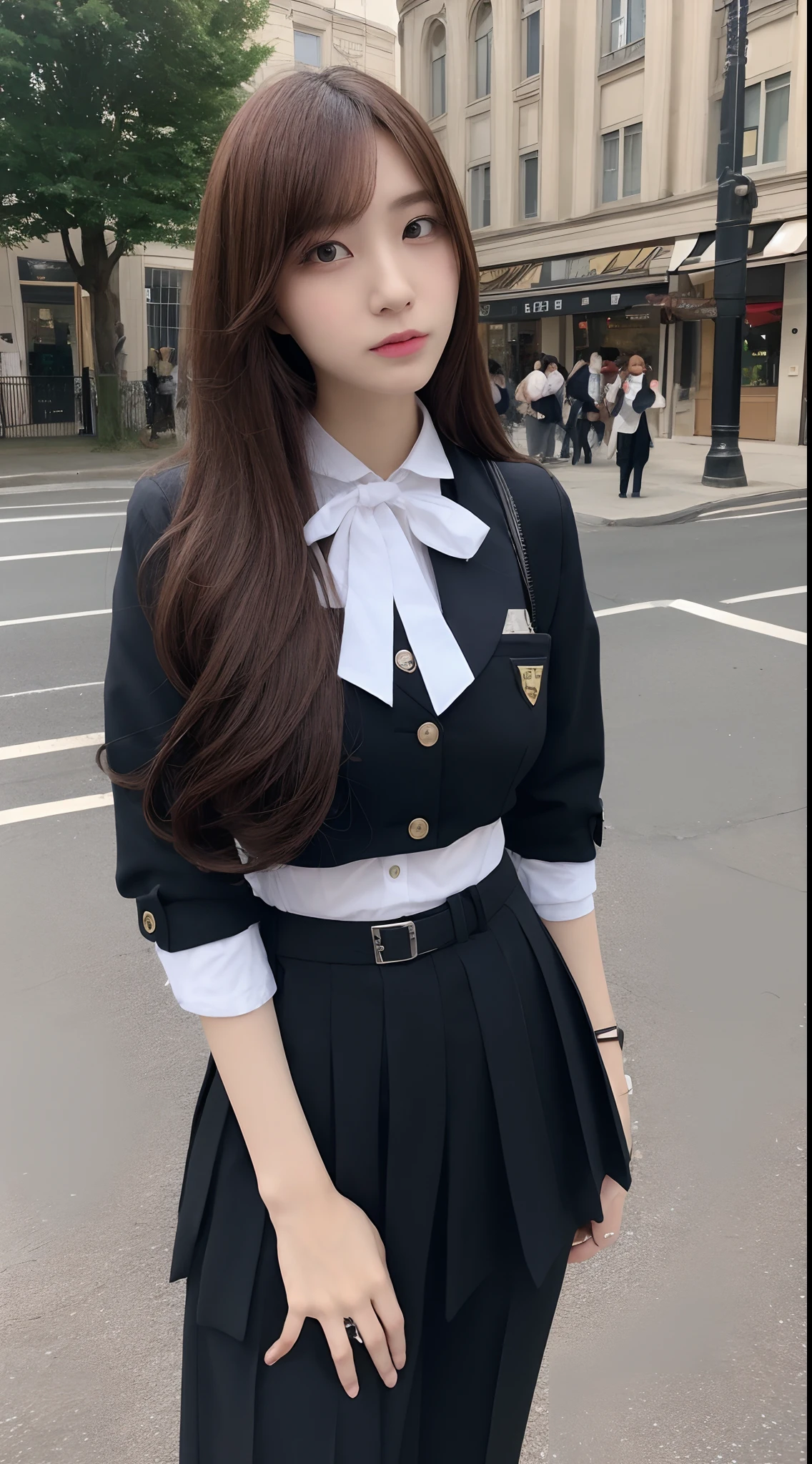 ((top-quality、8k、masterpiece:1.3))、foco nítido:1.2、Beautiful Women in Perfect Style:1.4、Slender abs:1.2、((Dark brown hair、huge tit:1.2))、(natural soft light、City Street:1.1)、Highly detailed facial and skin texture、A detailed eye、二重まぶた、Uniform Cosplay、Female, 24 years old