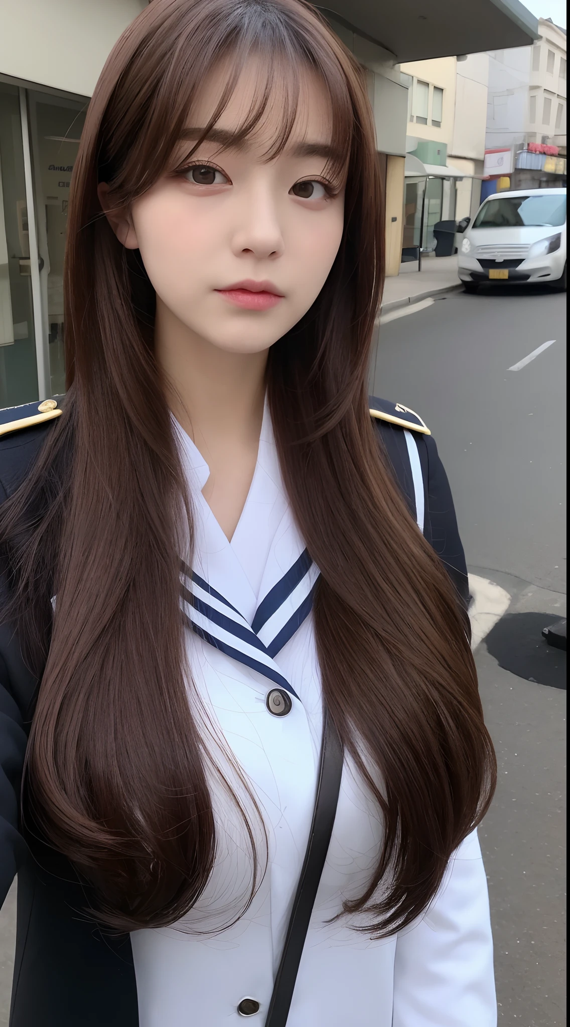 ((top-quality、8k、masterpiece:1.3))、foco nítido:1.2、Beautiful Women in Perfect Style:1.4、Slender abs:1.2、((Dark brown hair、huge tit:1.2))、(natural soft light、City Street:1.1)、Highly detailed facial and skin texture、A detailed eye、二重まぶた、Uniform Cosplay、Female, 24 years old