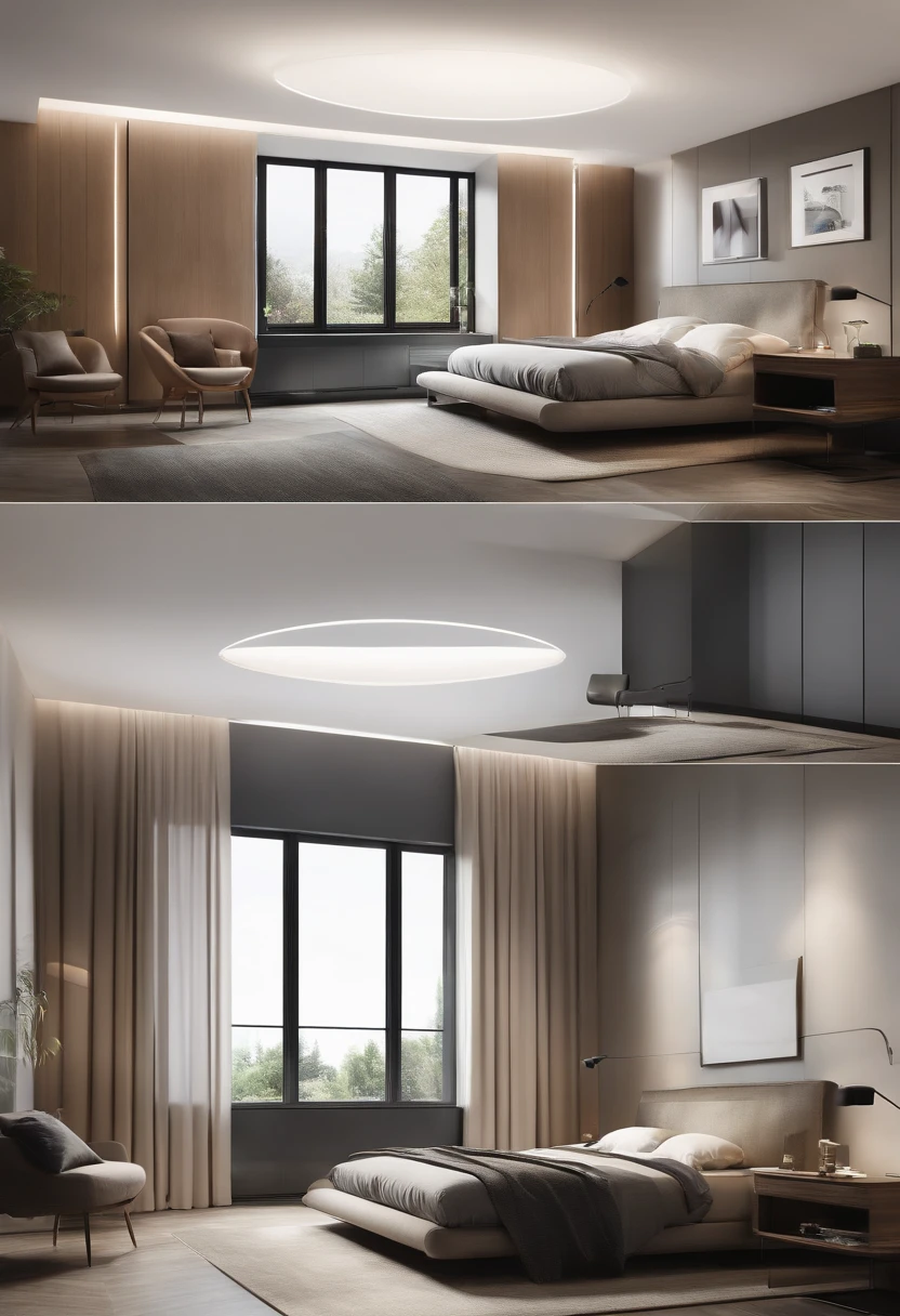 Envision an ultra-modern, dual-purpose room that optimizes space and integrates advanced technology. Room features compact, wall-mounted smart bed that can be controlled via an app, sleek, floating desk with built-in wireless charging, smart glass window that adjusts its tint based on time of day. Style is ultra-modern, high-tech furniture, smart lighting that syncs with your sleep cycle, and a monochromatic color scheme. Composition is wide-angle shot, for efficient use of space and technology. Use photo hyper-realism, highly detailed, and high-resolution 16k. –ar 16:9 –v 5.2 –style raw