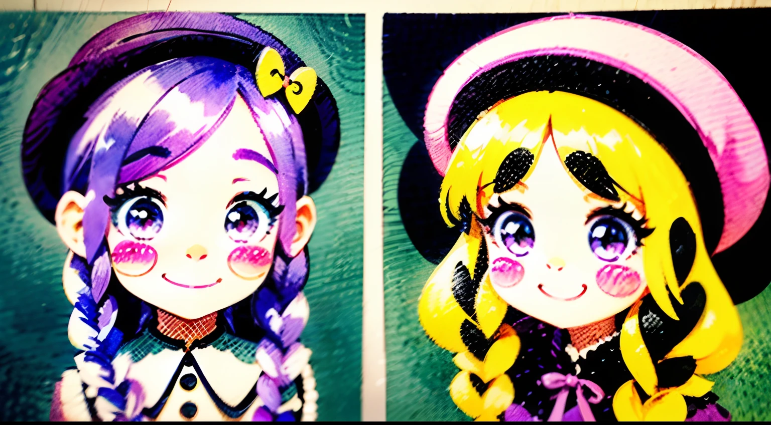 Emoticons, various expressions of an extremely adorable lcat, with two braids, wearing a purple dress and a lovely beret, Expressions such as happy, laughing, shy, surprised, angry, puzzled, acting cute, curious, and so on, surrounded by heart-shaped symbols, watercolor children's illustration style, bold outline style --ar 3:4