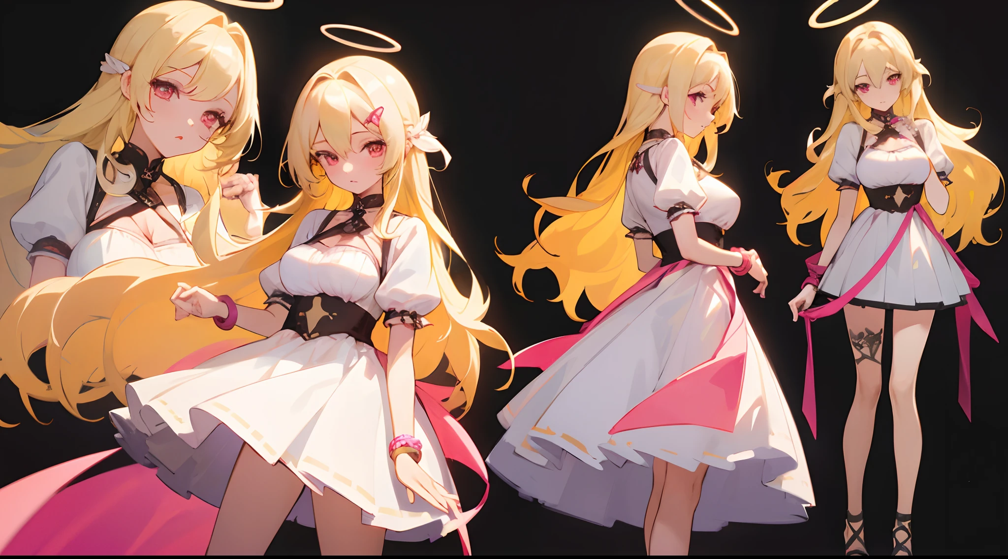 Masterpiece: 1.6, best quality: 1.4, live image: 1.2, intricate details: 1.2, graphicsournerv2: 1.2, 1 girl, blonde hair, blonde woman, hairlong, bright pink eyes, pastel colours, cute hairpins on hair and clothes, Sexy costume, large breasts, Halo, tattoos on body, bracelets on the hands The background is pure white (single background, white background: 1.3), multiple views, multiple views of the same character with the same outfit: 1.3.
