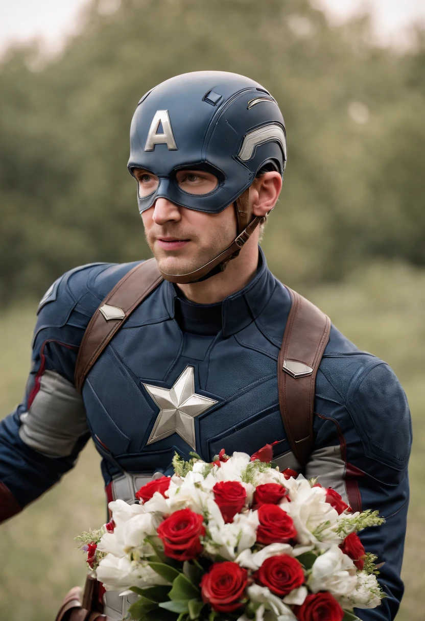 Captain America, holding a bouquet, wedding, happy,
