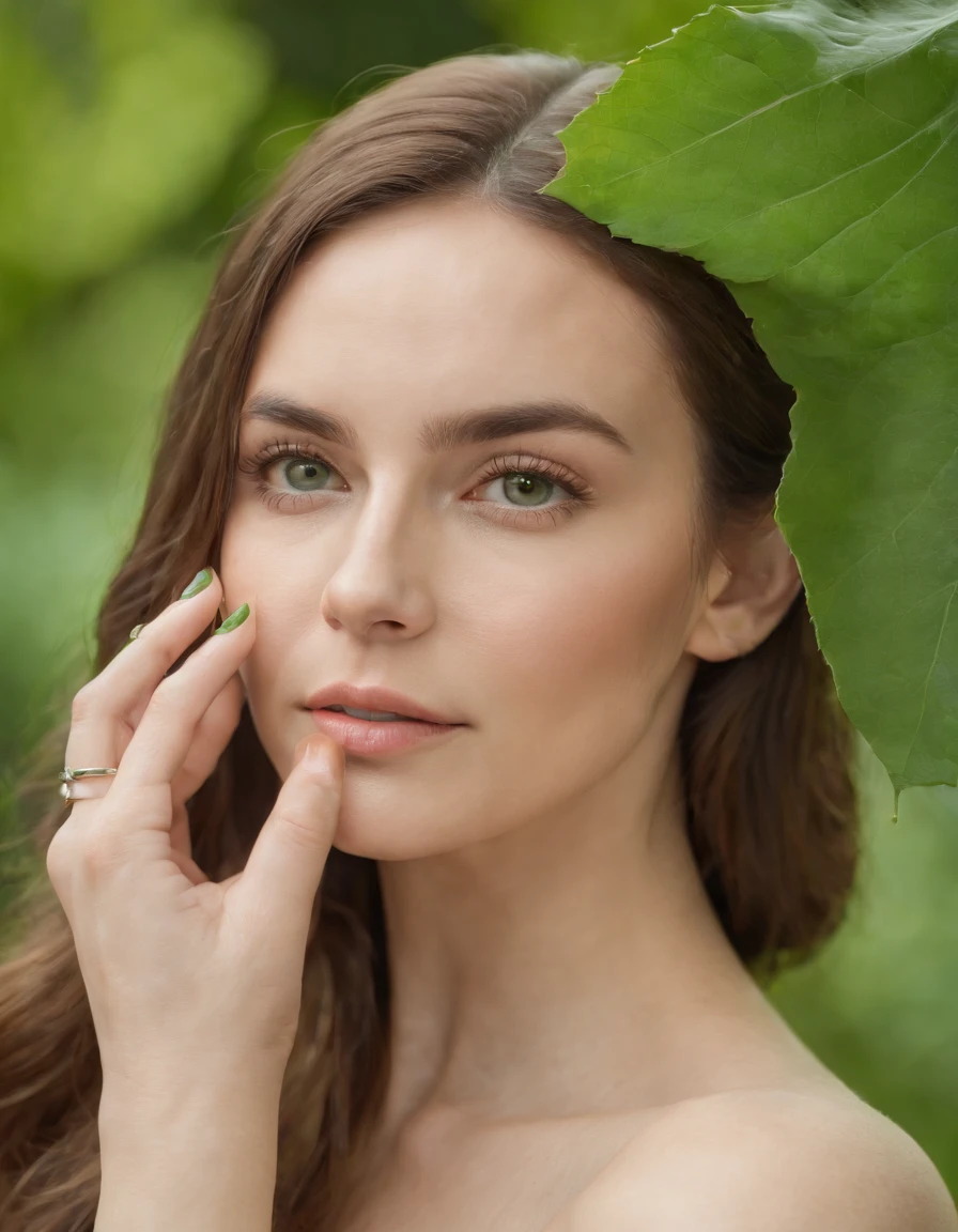 a woman with a ring on her finger and a green leaf behind her head and a green background with a green leaf