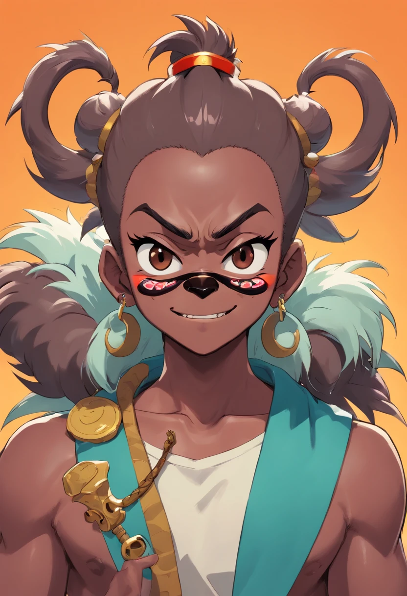 Heavy set hip hop artist with chocolate skin and a long deadlocked Mohawk wearing a menpō mask designed like a gorillas snout and fangs and a Loki crown