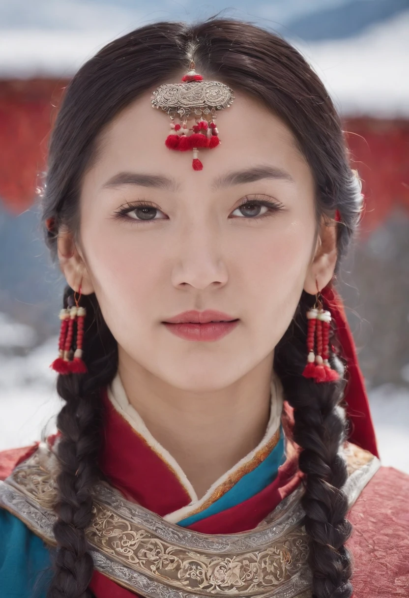 A girl, long braids, Tibetan girl, close-up on front, slightly raised head, smile, front photo, upper body, bust photo, Tibetan costume, colorful clothing, navy blue Tibetan costume, collar with fluff, fluff collar, high-end Tibetan clothing, cumbersome Tibetan clothing design, cold clothing, winter clothing, appearance Yang transcendence, round face shape, gorgeous Tibetan clothing, cumbersome Tibetan necklace, cumbersome Tibetan headdress, colorful headband, real person CG, sweet style, film style, HD 4K, photography effect, studio effect, White glow, mythical wind, snowfield background, character core, picture ratio 16:9, mask fresh.