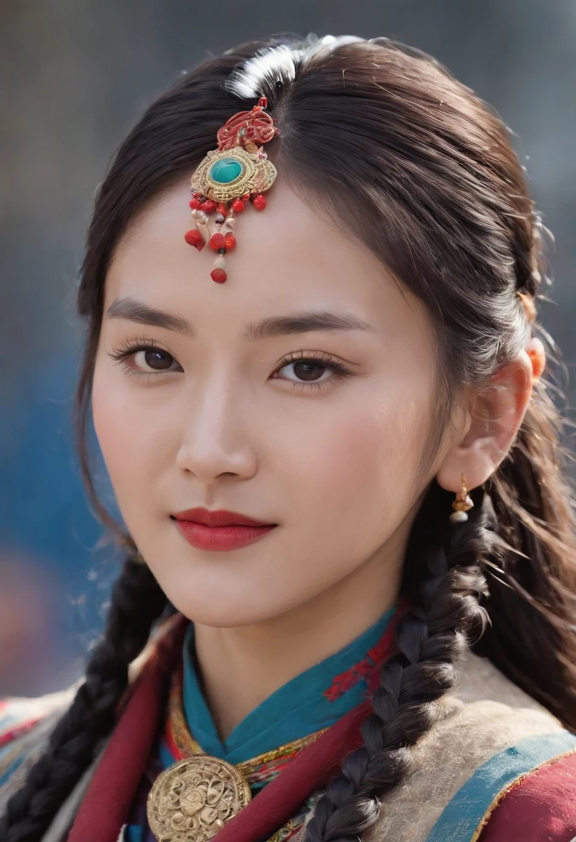 A girl, long braids, Tibetan girl, close-up on front, slightly raised head, smile, front photo, upper body, bust photo, Tibetan costume, colorful clothing, navy blue Tibetan costume, collar with fluff, fluff collar, high-end Tibetan clothing, cumbersome Tibetan clothing design, cold clothing, winter clothing, appearance Yang transcendence, round face shape, gorgeous Tibetan clothing, cumbersome Tibetan necklace, cumbersome Tibetan headdress, colorful headband, real person CG, sweet style, film style, HD 4K, photography effect, studio effect, White glow, mythical wind, snowfield background, character core, picture ratio 16:9, mask fresh.