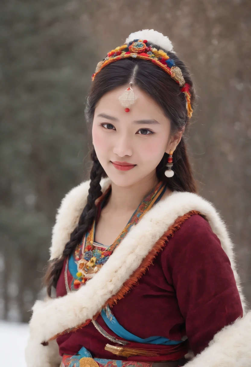 A girl, long braids, Tibetan girl, close-up on front, slightly raised head, smile, front photo, upper body, bust photo, Tibetan costume, colorful clothing, navy blue Tibetan costume, collar with fluff, fluff collar, high-end Tibetan clothing, cumbersome Tibetan clothing design, cold clothing, winter clothing, appearance Yang transcendence, round face shape, gorgeous Tibetan clothing, cumbersome Tibetan necklace, cumbersome Tibetan headdress, colorful headband, real person CG, sweet style, film style, HD 4K, photography effect, studio effect, White glow, mythical wind, snowfield background, character core, picture ratio 16:9, mask fresh.
