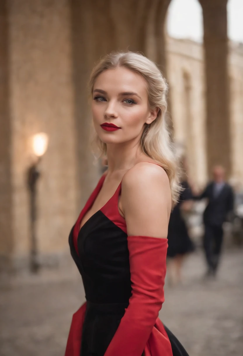 a blonde woman dressed in a black outfit and a red dress, in the style of manapunk, vibrant and textured, candid photography, orange, northwest school, elsie driggs, loish,upper body