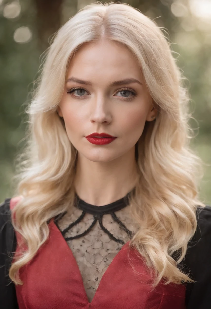 a blonde woman dressed in a black outfit and a red dress, in the style of manapunk, vibrant and textured, candid photography, orange, northwest school, elsie driggs, loish,upper body