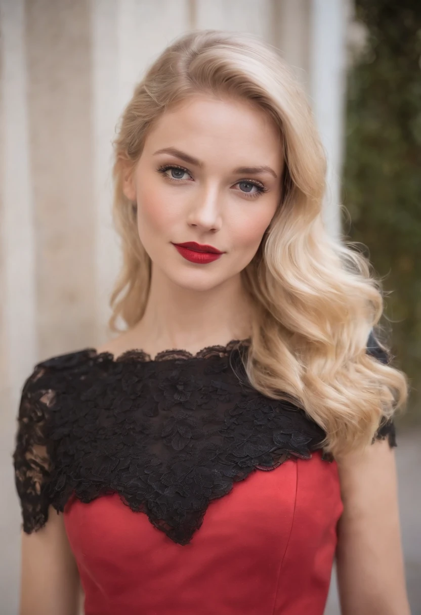 a blonde woman dressed in a black outfit and a red dress, in the style of manapunk, vibrant and textured, candid photography, orange, northwest school, elsie driggs, loish,upper body
