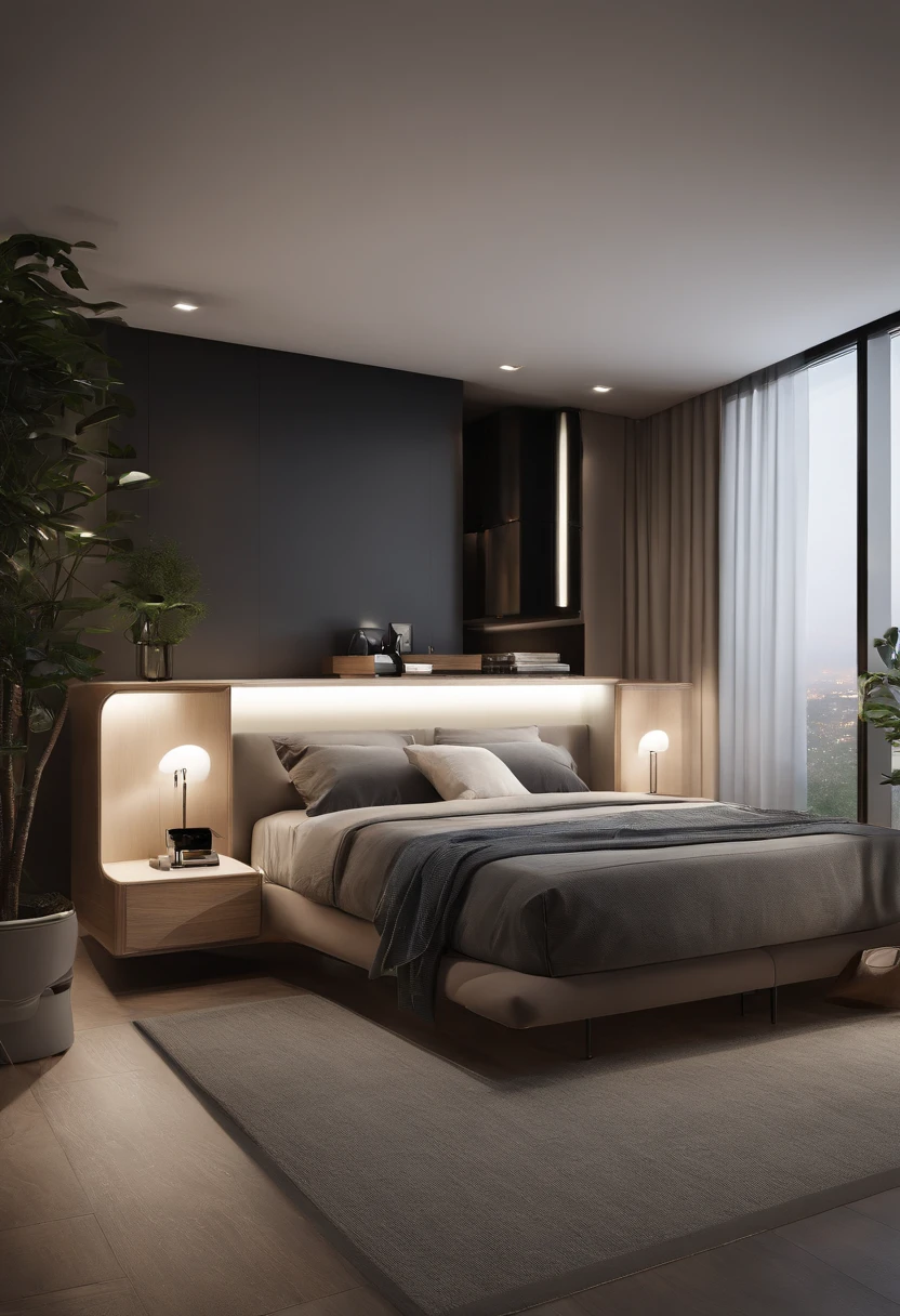 Imagine an ultra-modern one, Dual-purpose rooms that optimize space and integrate advanced technology. Rooms are compact, Wall-mounted smart bed，Can be controlled through the application, sleek, Floating desk with built-in wireless charging, Smart glass windows，Its hue can be adjusted according to the time of day. The style is ultra-modern, High-tech furniture, Smart lighting that syncs with your sleep cycle, and monochrome color scheme. The composition is a wide-angle shot, Efficient use of space and technology. Use photo hyperrealism, Highly detailed, and high-resolution 16k. –AR 16:9 –V 5.Type 2 original