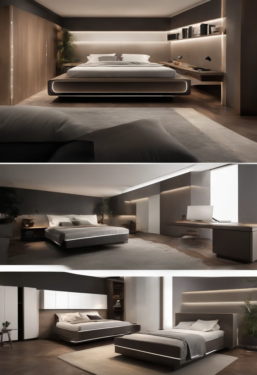 Imagine an ultra-modern one, Dual-purpose rooms that optimize space and integrate advanced technology. Rooms are compact, Wall-mounted smart bed,Can be controlled through the application, sleek, Floating desk with built-in wireless charging, Smart glass windows,Its hue can be adjusted according to the time of day. The style is ultra-modern, High-tech furniture, Smart lighting that syncs with your sleep cycle, and monochrome color scheme. The composition is a wide-angle shot, Efficient use of space and technology. Use photo hyperrealism, Highly detailed, and high-resolution 16k. –AR 16:9 –V 5.Type 2 original