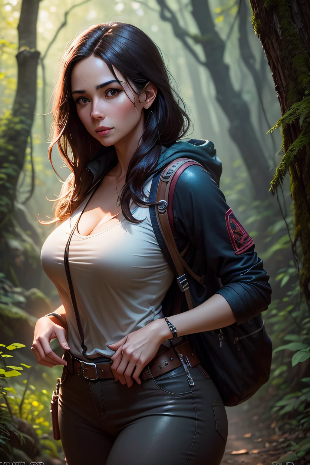 beautiful, sexy 30-year-old woman, looks straight ahead, hiker, photography, artstation trend, focus, outdoor photo, intricate details, very detailed, author: greg rutkowski