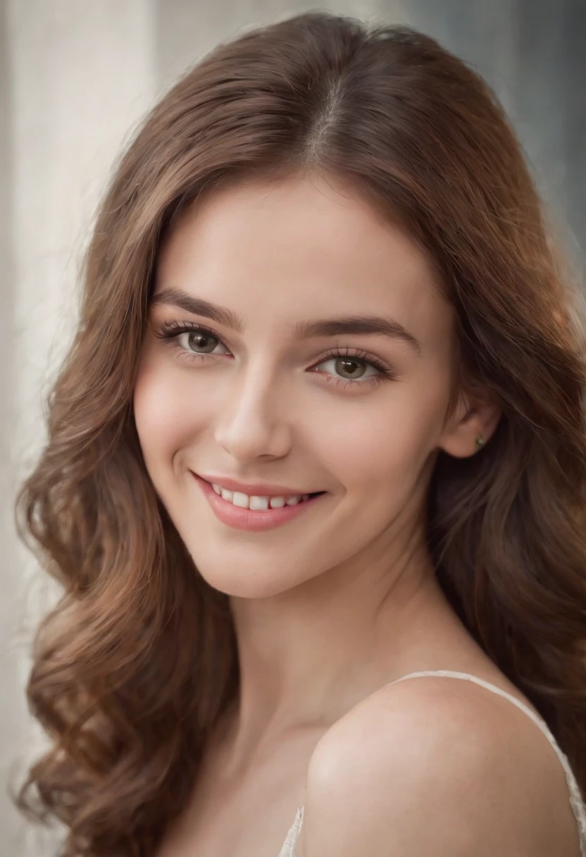 Beautiful brunette, who wears a belle robe (22 ans, visage innocent, naturally wavy hair, blue eye),( avec un selfie du haut du corps souriant , best quality, ultra-detail.