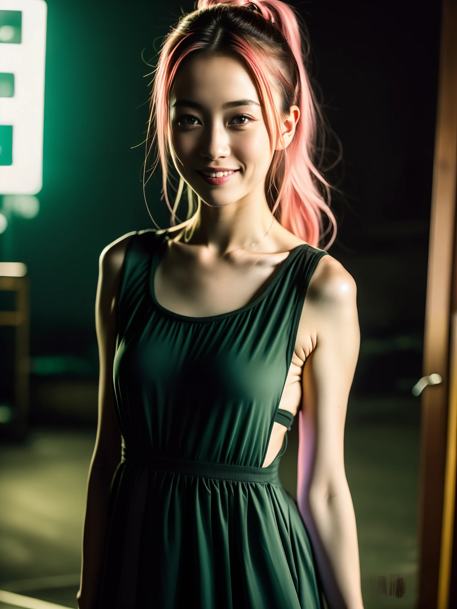 nighttime scene、Close up photo of sexy girl、the pose、Looking at the camera and smiling、Pink ponytail hair、(verd s eyes:0.8)、Cute young face、18year old、Soft volume light、(back lighting:1.3)、(cinematic:1.3)、intricate detailes、(art stations:1.2)、small tits、very small breasts、Slimed、A slender、Model body type、full bodyesbian、summer dress