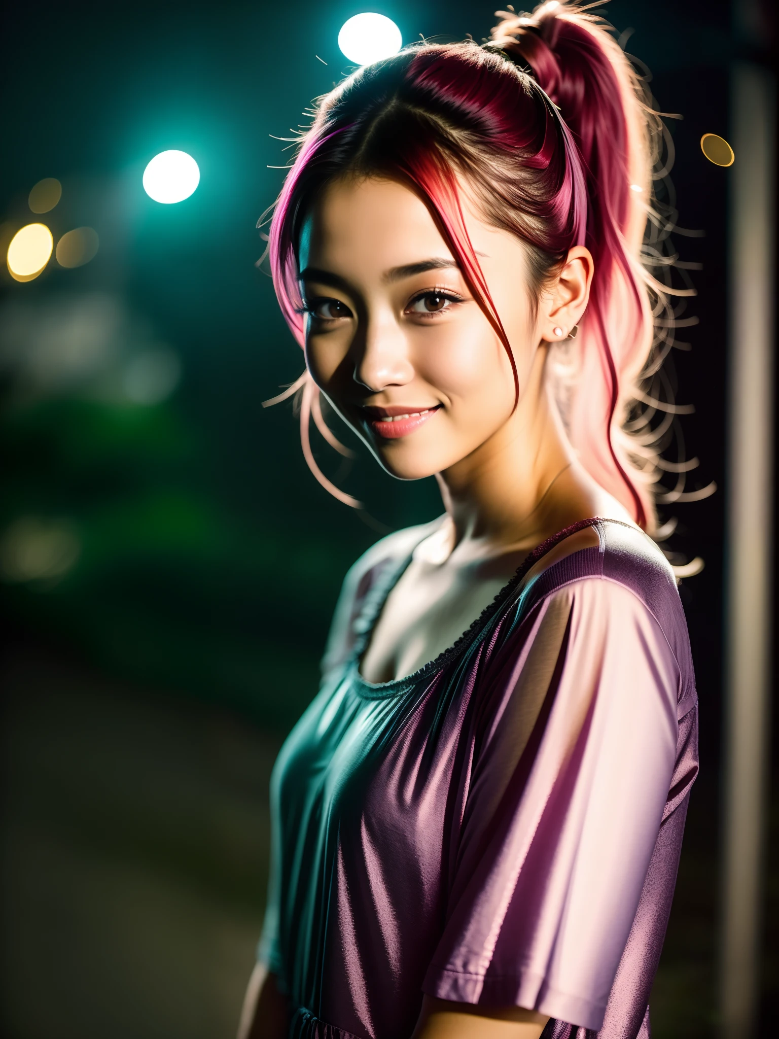 nighttime scene、Close up photo of sexy girl、the pose、Looking at the camera and smiling、Pink ponytail hair、(verd s eyes:0.8)、Cute young face、18year old、Soft volume light、(back lighting:1.3)、(cinematic:1.3)、intricate detailes、(art  stations:1.2)、small tits、very small breasts、Slimed、A slender、Model body type、full bodyesbian、summer  dress