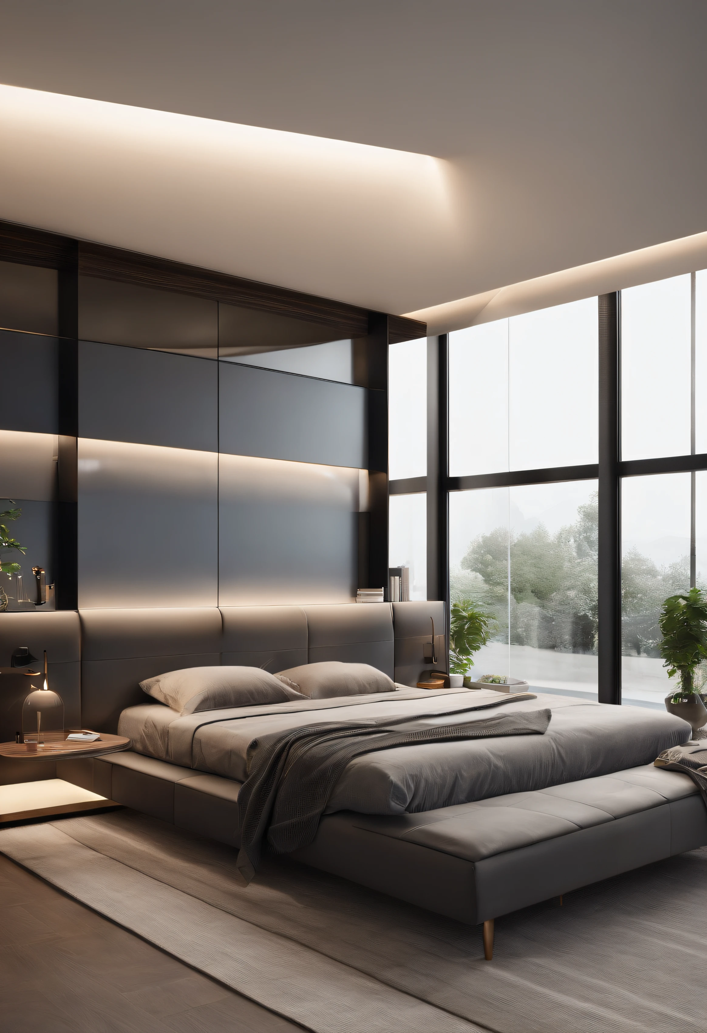 Imagine an ultra-modern one, Dual-purpose rooms that optimize space and integrate advanced technology. Rooms are compact, Wall-mounted smart bed,Can be controlled through the application, sleek, Floating desk with built-in wireless charging, Smart glass windows,Its hue can be adjusted according to the time of day. The style is ultra-modern, High-tech furniture, Smart lighting that syncs with your sleep cycle, and monochrome color scheme. The composition is a wide-angle shot, Efficient use of space and technology. Use photo hyperrealism, Highly detailed, and high-resolution 16k. –AR 16:9 –V 5.Type 2 original