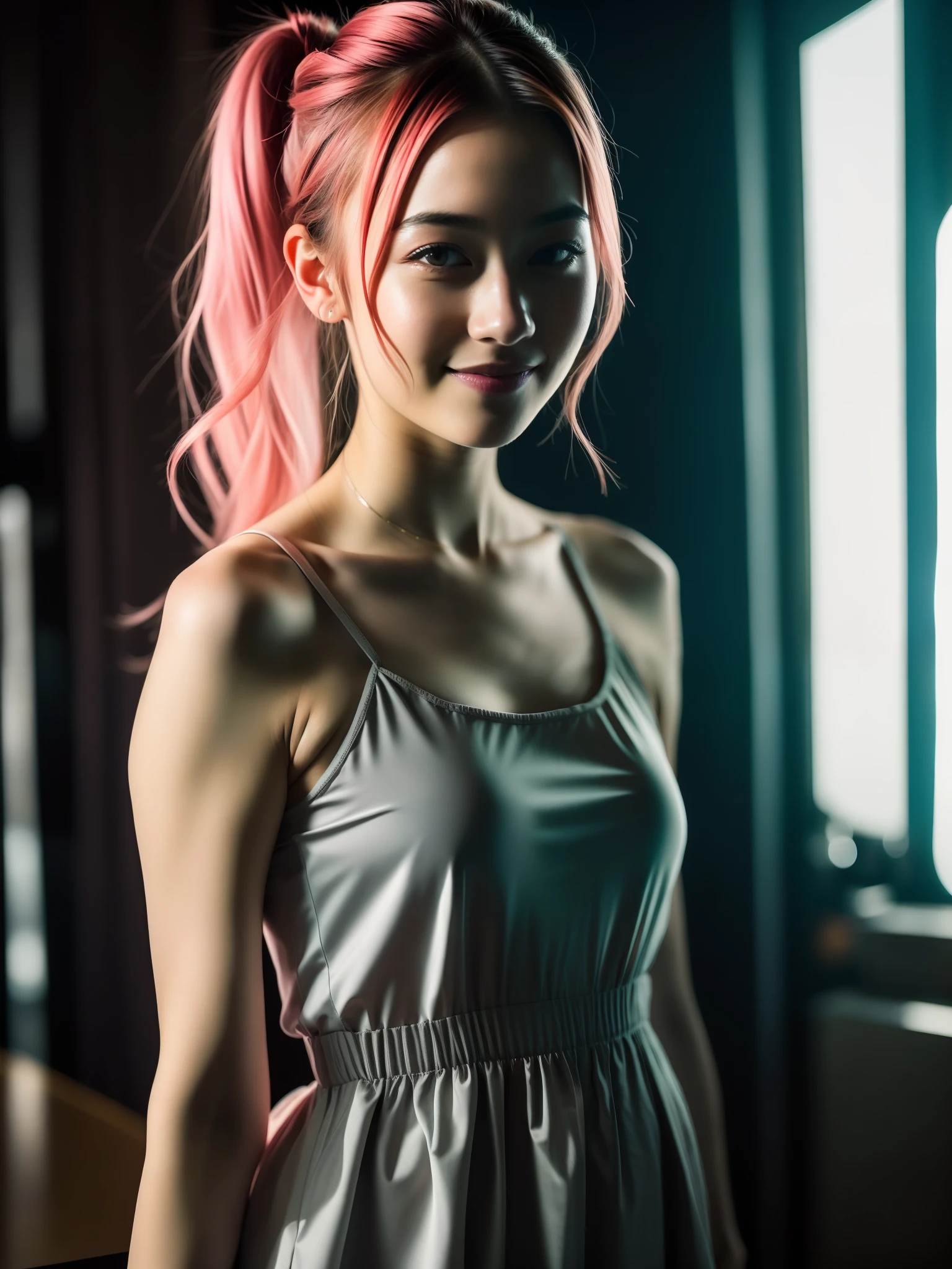 nighttime scene、Close up photo of sexy girl、the pose、Looking at the camera and smiling、Pink ponytail hair、(verd s eyes:0.8)、Cute young face、18year old、Soft volume light、(back lighting:1.3)、(cinematic:1.3)、intricate detailes、(art  stations:1.2)、small tits、very small breasts、Slimed、A slender、Model body type、full bodyesbian、summer  dress