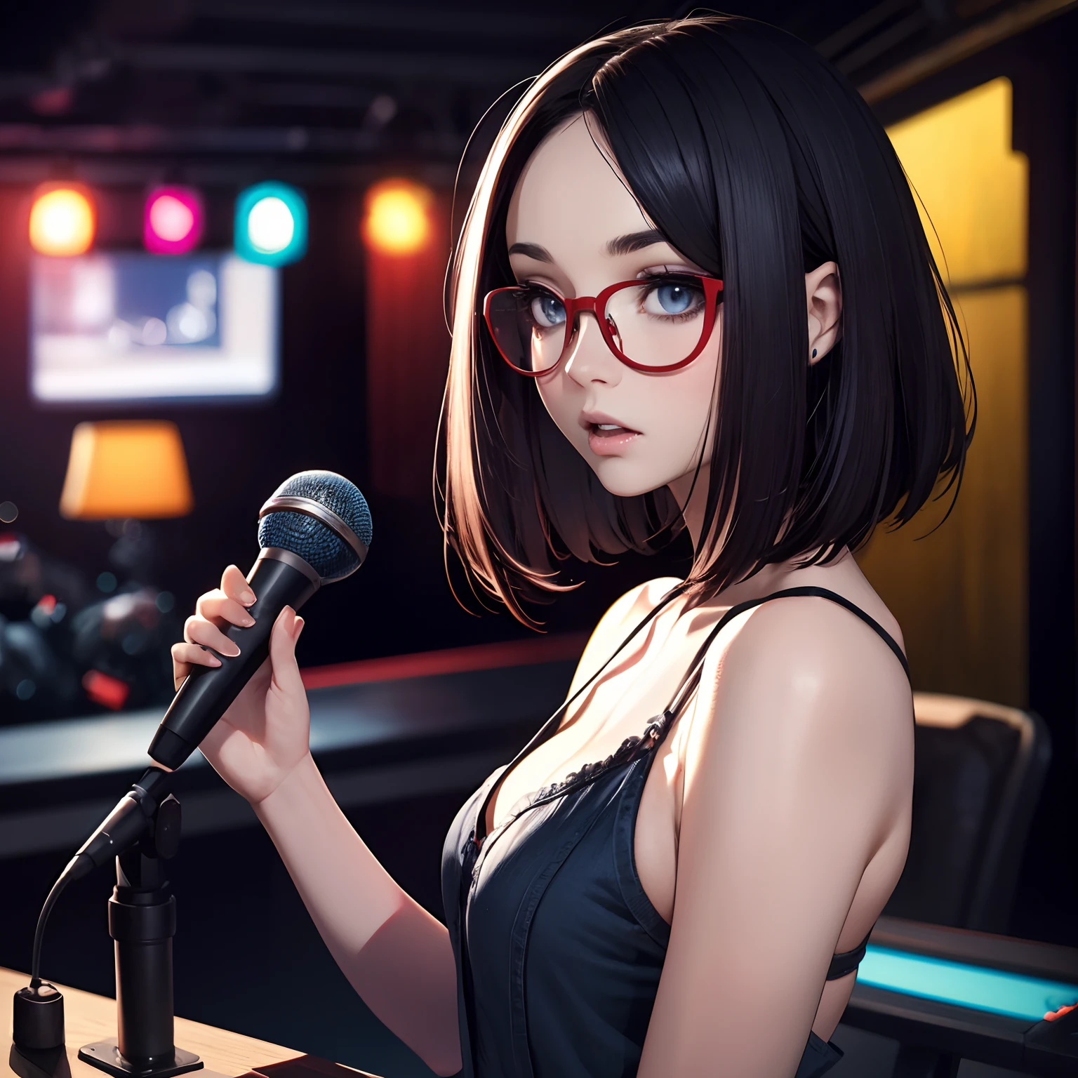 FM Radio Studio Stations, Blue-gray eyes、Straight hair、Shorthair、Forehead、Slender eyes、make - up、Red glasses, Speak into the microphone, Realistic, Full-HD, 3D, 4K、cowboy shot、27 year old sexy woman