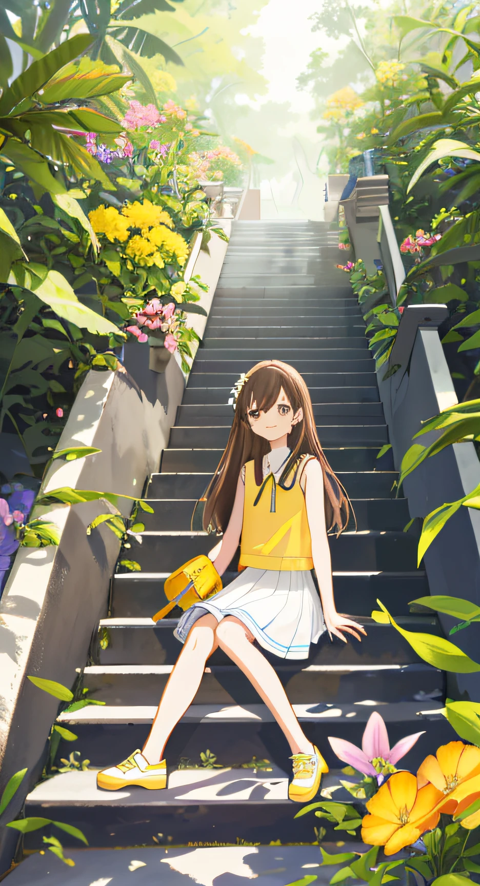 1 girl, Solo, stairways, Long hair, Brown hair, plant, shirt, Bird, Sleeveless shirt, Yellow footwear, Sleeveless, Sitting, White trousers, Skirt, flower, Smile, White skirt, orange footwear, Leaves, Black eyes, Wide shot, shoe, pink flower, trousers, Blush, shairband, Yellow shirt, streaked, sit on stairs, yellowflower, tree, Steps, shadow of the tree, flower