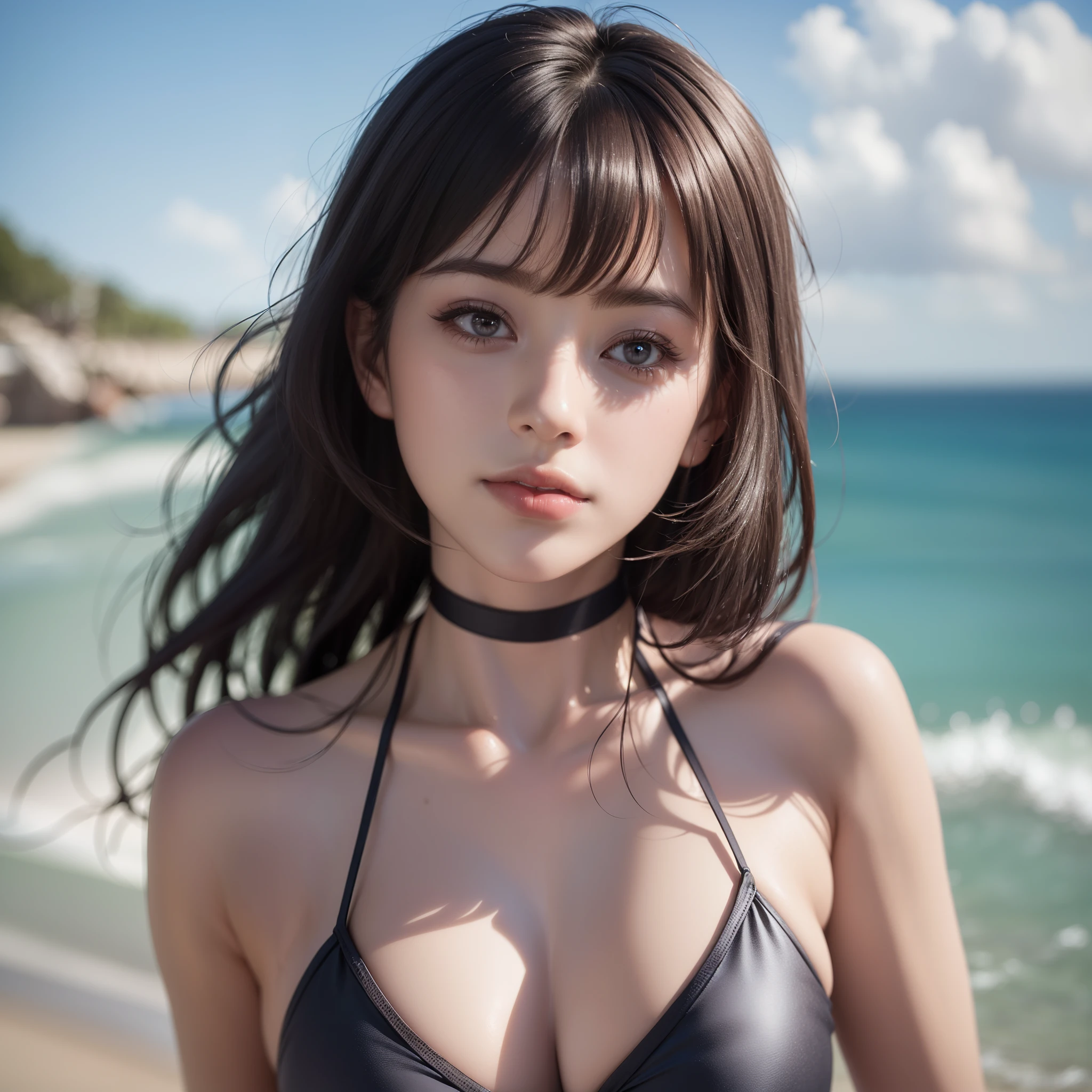 Photorealistic: 1.5, Summer Sea, Great smile, Colorful Swimwear Wear, Upper body:1.5, Chest pressed together, bending forward:1.5, Looking Up:1.7, Korea person, drooping eyes: 1.3, Perfect proportions, Portrait, ((Nikon Student) (Photo)) (8K, FujifilmXT3, masutepiece, ((Real Skin)) (No retouching, Lip gloss, False eyelashes, Real Skin, Highest Quality, Ultra-high resolution, depth of fields, chromatic abberation, Caustics) , Wide Lighting, Natural Shading))