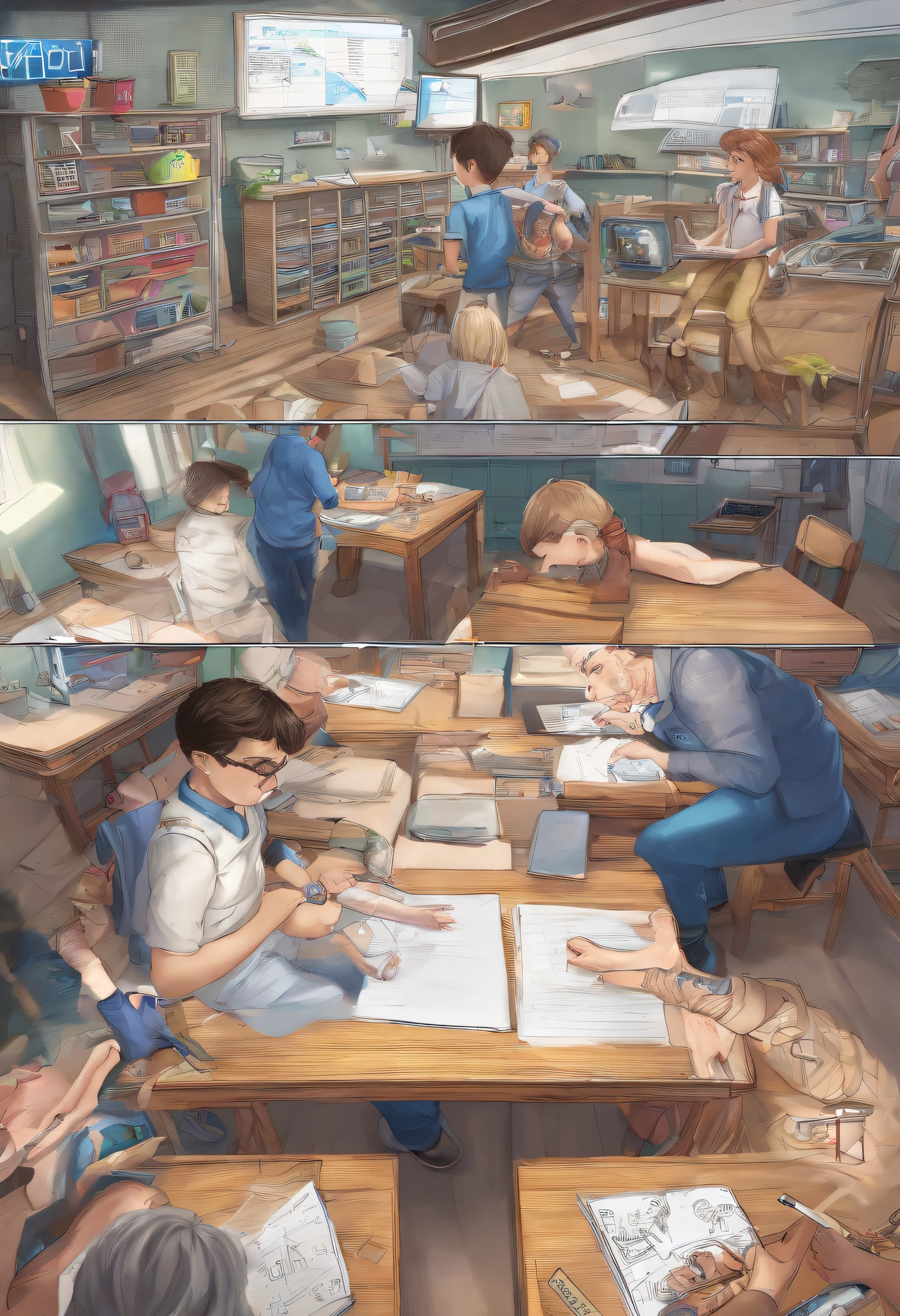 The picture shows a bright classroom，There are students in the classroom using VR glasses，There are students drawing cartoon characters，Teachers teach students to take pictures with cameras，There are also students who draw a picture with a brush，There are also students exploring the interior，Some students are also operating drones to take measurements，Tech Blue，Vertical illustration，Commercial，The characters' faces are meticulously depicted