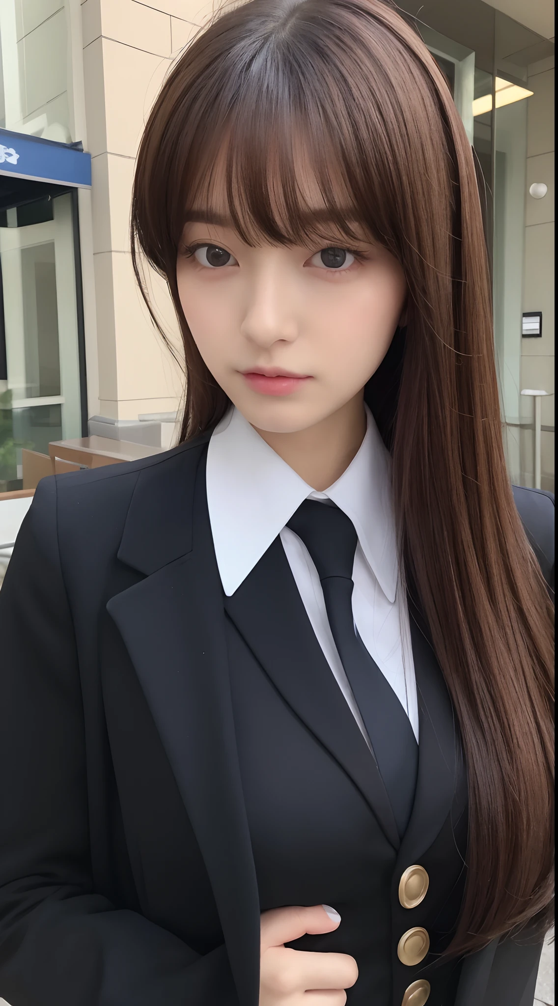 ((top-quality、8k、​masterpiece：1.3))、foco nítido：1.2、Beautiful Women in Perfect Style：1.4、Slender abs：1.2、((Dark brown hair、huge tit：1.2))、(natural soft light、City Street:1.1)、Highly detailed facial and skin texture、A detailed eye、二重まぶた、Uniform Cosplay、Female, 24 years old