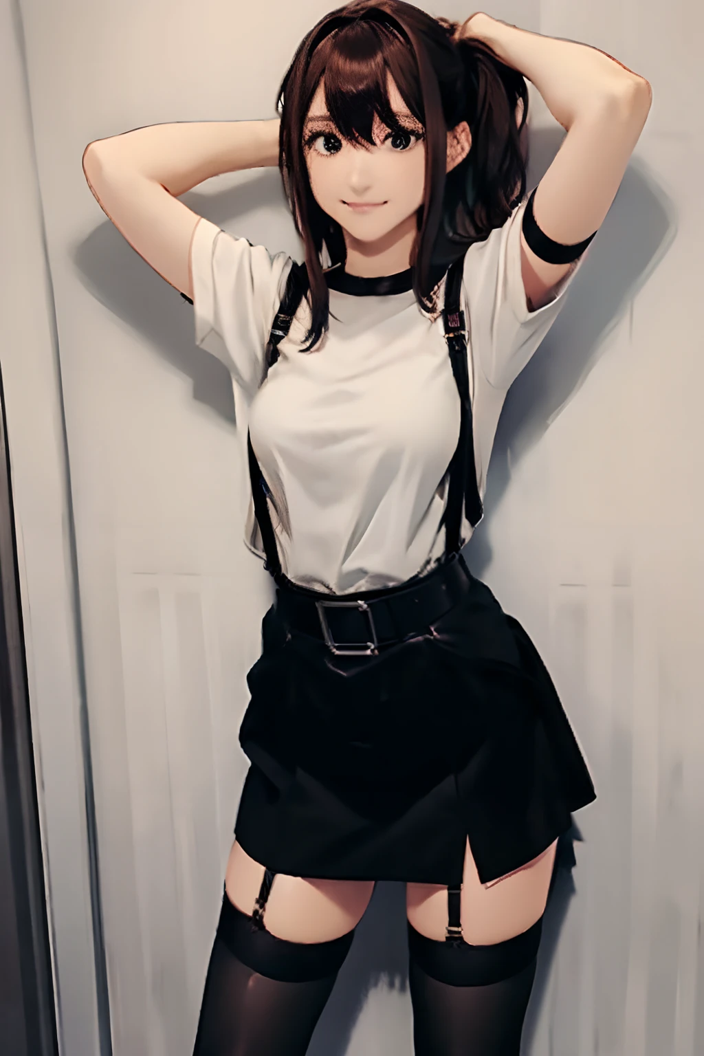 Black skirt, suspenders, Brown hair Gray eyes, Garter belt on the legs, Tight clothes, a belt Armpit sweat Dark look Moderately breasts holster Belt Chain hair adornments poneyTail