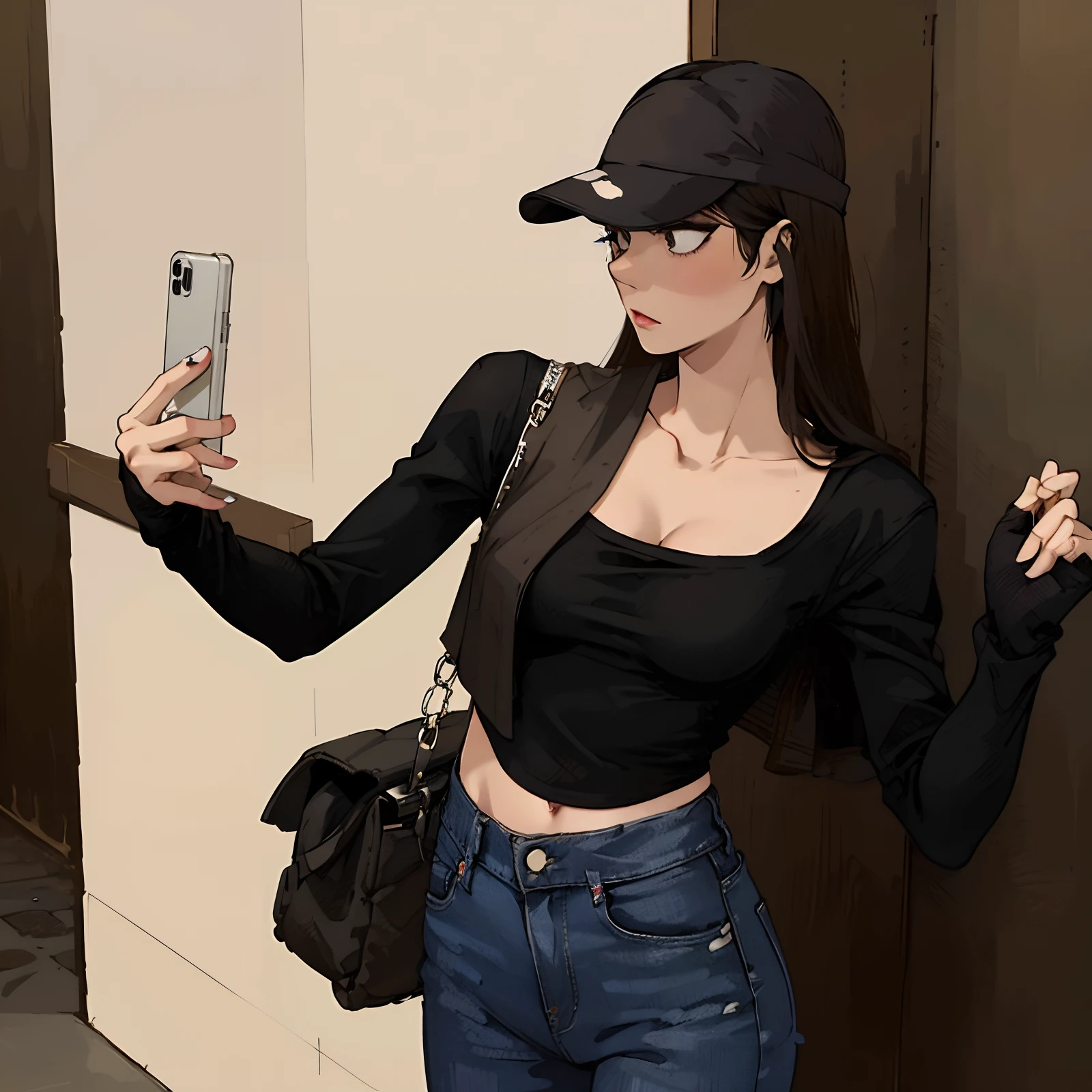 araffe woman in black top and jeans holding a cell phone, wearing tight simple clothes, with ripped crop t - shirt, black top, photo of slim girl, photo of slim girl model, korean women's fashion model, wearing a sexy cropped top, gorgeous young korean woman, skinny waist and thick hips, wearing a cropped black tank top