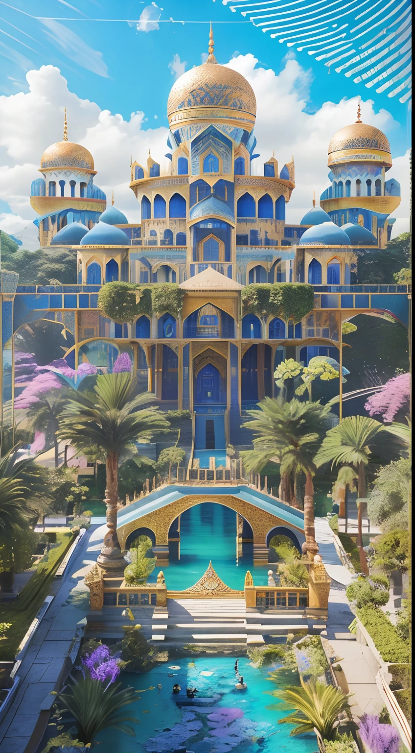 a large magnificent ancient Persian building with a bridge and a small lake in front of it, Futuristic Persian Palace, elven palace of ghemathar, futuristic palace, arquitetura colorida de warcraft, arstation e bipe altamente, Beeple e Mike Winkelmann, realismo | bipe, estilo fantasia 8 k octane render, realista, melhor qualidade, 8k