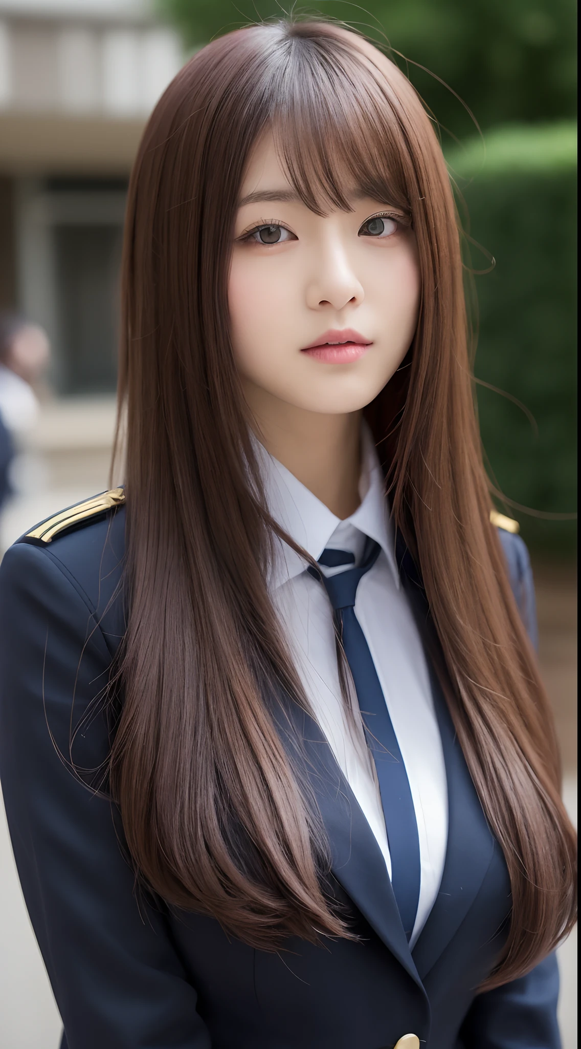((top-quality、8k、masterpiece:1.3))、foco nítido:1.2、Beautiful Women in Perfect Style:1.4、Slender abs:1.2、((Dark brown hair、huge tit:1.2))、(natural soft light、City Street:1.1)、Highly detailed facial and skin texture、A detailed eye、二重まぶた、Uniform Cosplay、Female, 24 years old