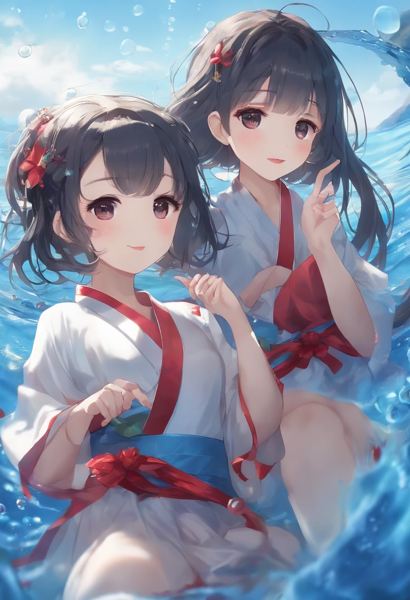(masterpiece),(best quality),(ultra-detailed),Girls、(((tiny girl))),Moe、kawaii,(((Bouncing Dance)))、Put your feet forward、waist bending、(Open your eyes wide),(((looking up)))、(((Look up)))、(Open your mouth small)、(deadpan)、The girl on the left is holding the hand of the girl on the right、(((Blue Hagoromo)))、Translucent kimono with transparent underwear、Purple underwear、(A dark-haired)、(Bare legged)、Large red ribbon、Floral ornament、(under the water)、((Full body))、A lot of small bubbles、(((from below looking up)))