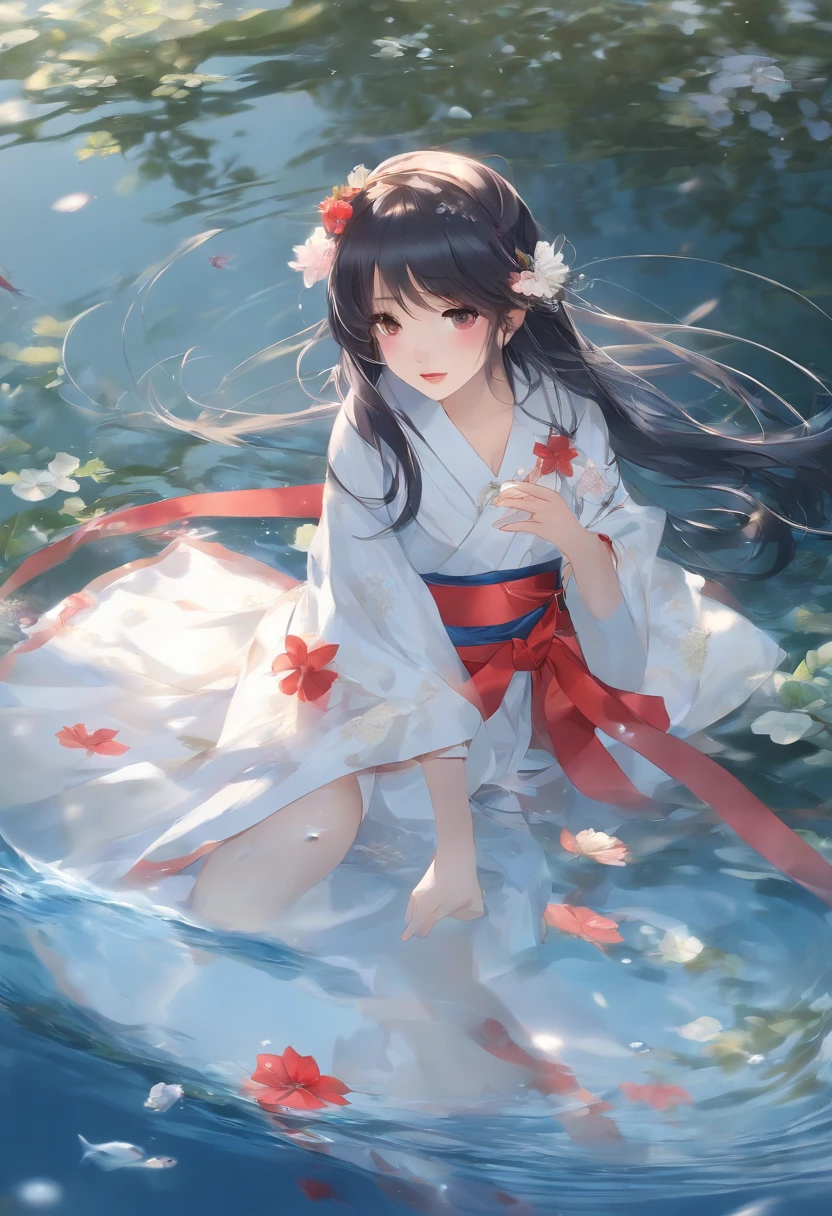 (masterpiece),(best quality),(ultra-detailed),Girls、((( girl))),Moe、kawaii,(((Bouncing Dance)))、Put your feet forward、waist bending、(Open your eyes wide),(((looking up)))、(((Look up)))、(Open your mouth small)、(deadpan)、The girl on the left is holding the hand of the girl on the right、(((Blue Hagoromo)))、Translucent kimono with transparent underwear、Purple underwear、(A dark-haired)、(Bare legged)、Large red ribbon、Floral ornament、(under the water)、((Full body))、A lot of small bubbles、(((from below looking up)))