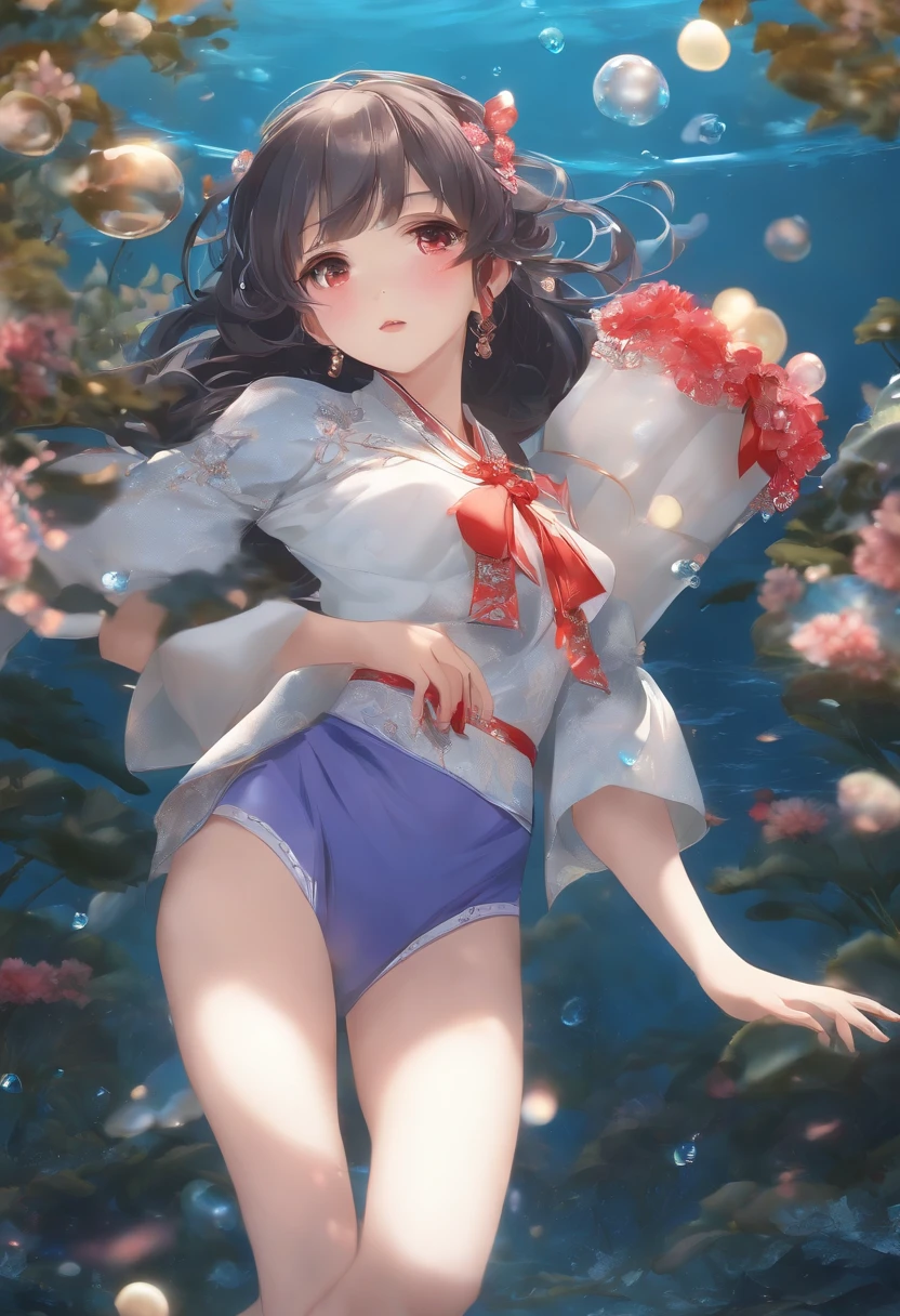 (masterpiece),(best quality),(ultra-detailed),Girls、(((tiny girl))),Moe、kawaii,(((Bouncing Dance)))、Put your feet forward、waist bending、(Open your eyes wide),(((looking up)))、(((Look up)))、(Open your mouth small)、(deadpan)、The girl on the left is holding the hand of the girl on the right、(((Blue Hagoromo)))、Translucent kimono with transparent underwear、Purple underwear、(A dark-haired)、(Bare legged)、Large red ribbon、Floral ornament、(under the water)、((Full body))、A lot of small bubbles、(((from below looking up)))