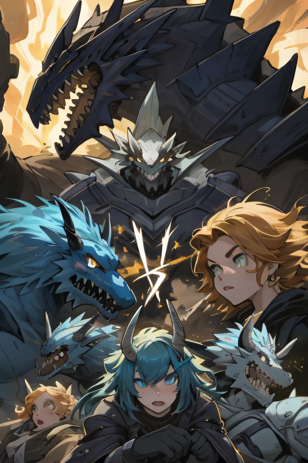 Top quality, Best quality, A high resolution, Masterpiece, Super high resolution, Detailed background, Many beauties VS monsters, 5girl, 1 monster,absurderes(Highly detailed beautiful face and eyes)Perfect anatomy, Good lighting, Various expressions, a variety of poses, Various angles, full bodyesbian, Shot, Dynamic Angle(American comic strip style panel layout, Hand drawn sound effect stickers used in American comics),