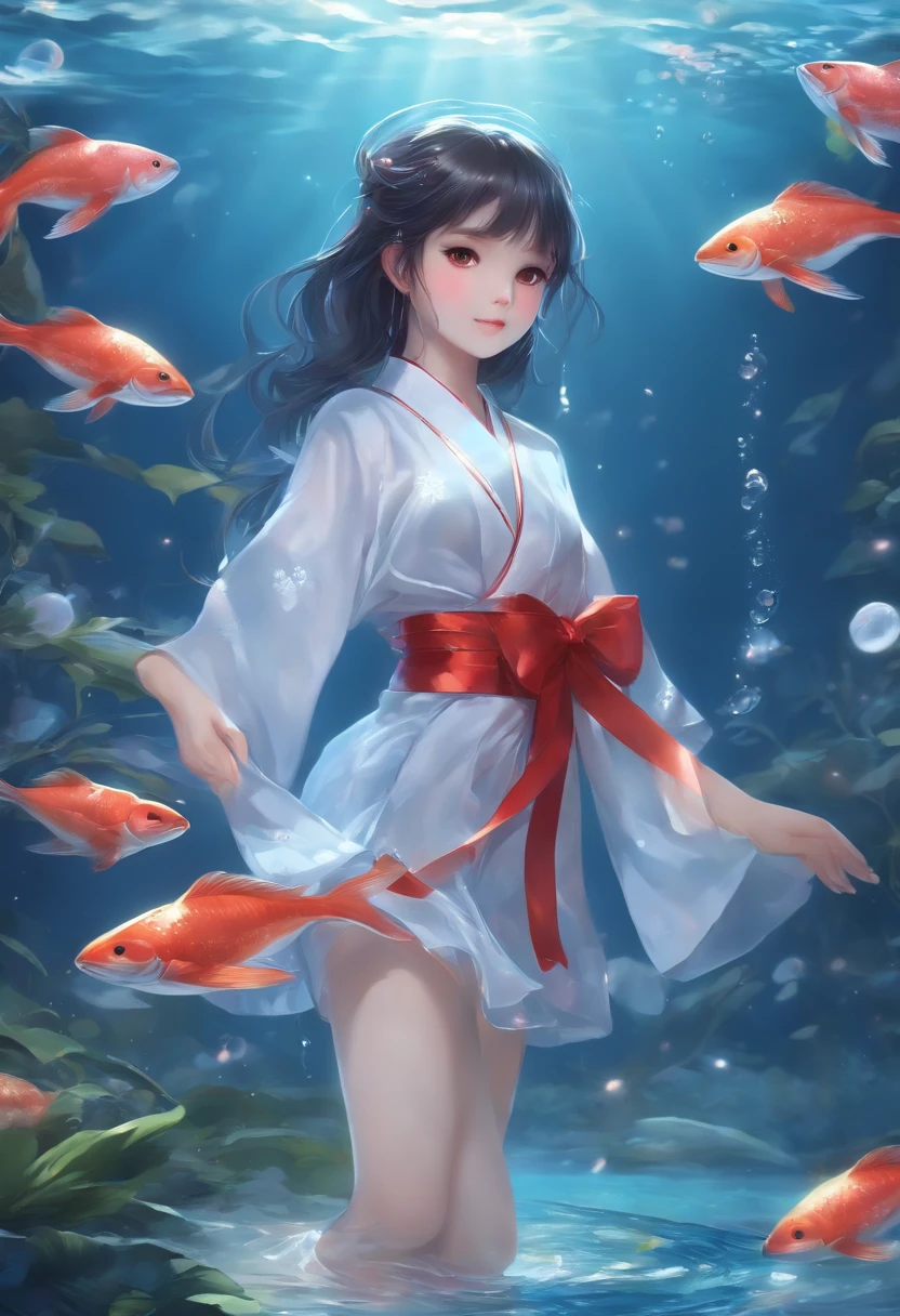 (masterpiece),(best quality),(ultra-detailed),Girls、(((tiny girl))),Moe、kawaii,(((Bouncing Dance)))、Put your feet forward、waist bending、(Open your eyes wide),(((looking up)))、(((Look up)))、(Open your mouth small)、(deadpan)、The girl on the left is holding the hand of the girl on the right、(((Blue Hagoromo)))、Translucent kimono with transparent underwear、Purple underwear、(A dark-haired)、(Bare legged)、Large red ribbon、Floral ornament、(under the water)、((Full body))、A lot of small bubbles、(((from below looking up)))