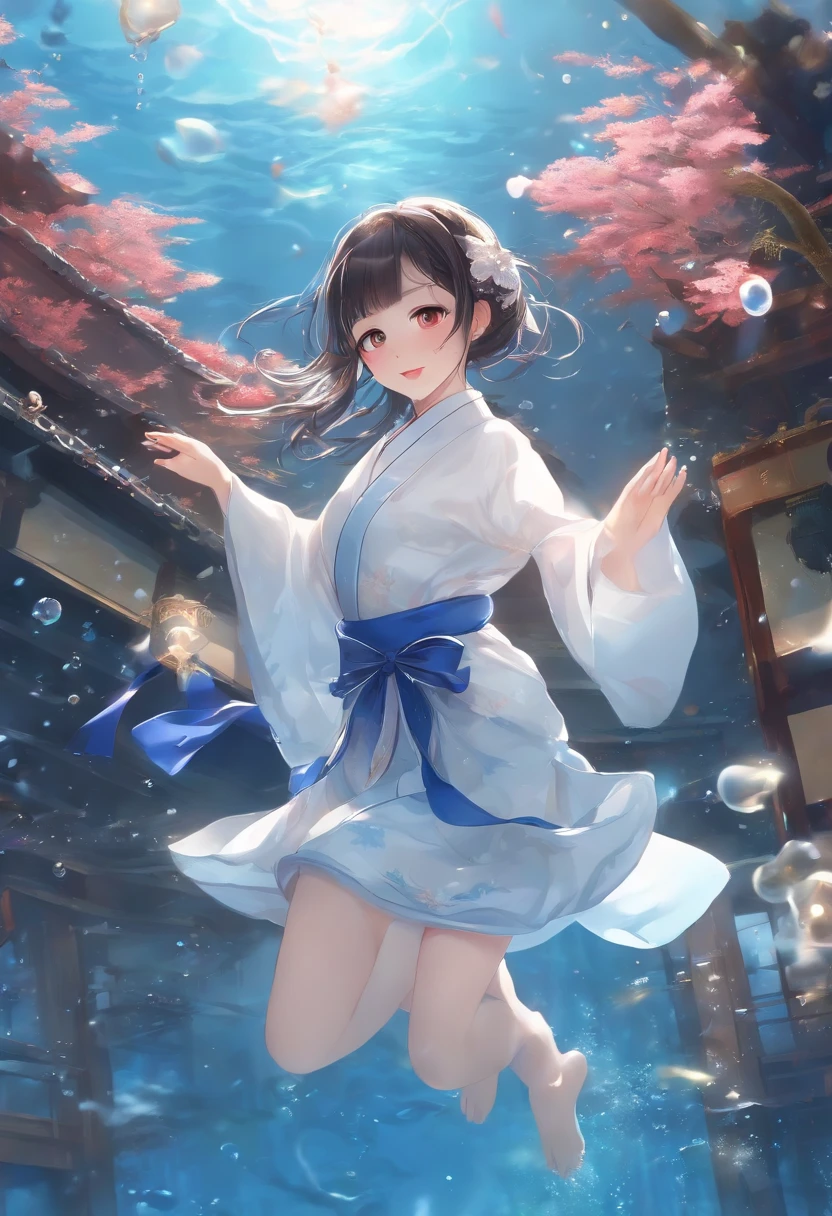 (masterpiece),(best quality),(ultra-detailed),Girls、((( girl))),Moe、kawaii,(((Bouncing Dance)))、Put your feet forward、waist bending、(Open your eyes wide),(((looking up)))、(((Look up)))、(Open your mouth small)、(deadpan)、The girl on the left is holding the hand of the girl on the right、(((Blue Hagoromo)))、Translucent kimono with transparent underwear、Purple underwear、(A dark-haired)、(Bare legged)、Large red ribbon、Floral ornament、(under the water)、((Full body))、A lot of small bubbles、(((from below looking up)))
