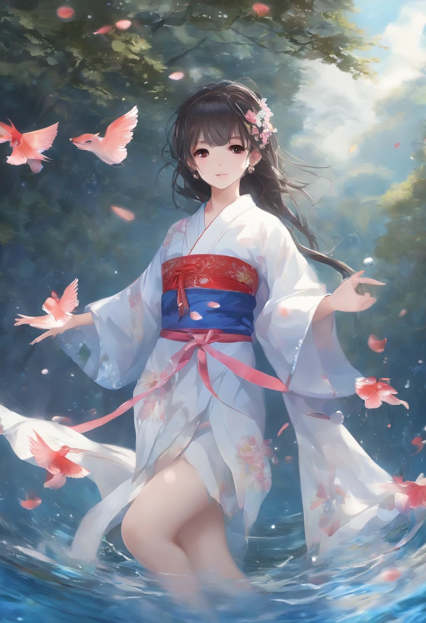 (masterpiece),(best quality),(ultra-detailed),Girls、((( girl))),Moe、kawaii,(((Bouncing Dance)))、Put your feet forward、waist bending、(Open your eyes wide),(((looking up)))、(((Look up)))、(Open your mouth small)、(deadpan)、The girl on the left is holding the hand of the girl on the right、(((Blue Hagoromo)))、Translucent kimono with transparent underwear、Purple underwear、(A dark-haired)、(Bare legged)、Large red ribbon、Floral ornament、(under the water)、((Full body))、A lot of small bubbles、(((from below looking up)))