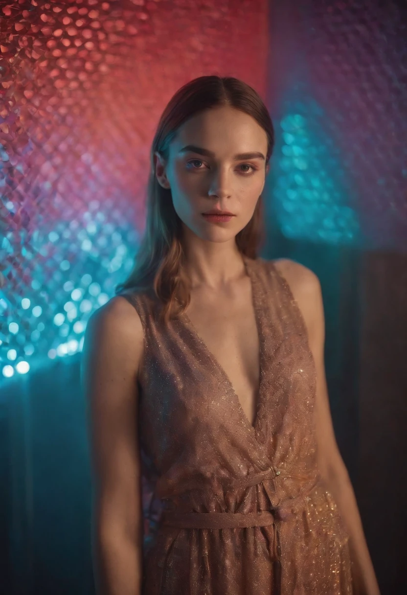 non binary model posing under a colorful backdrop, in the style of translucent overlapping, genderless, woven/perforated, glowing lights, high-angle, honeycore, deconstructed americana,upper body