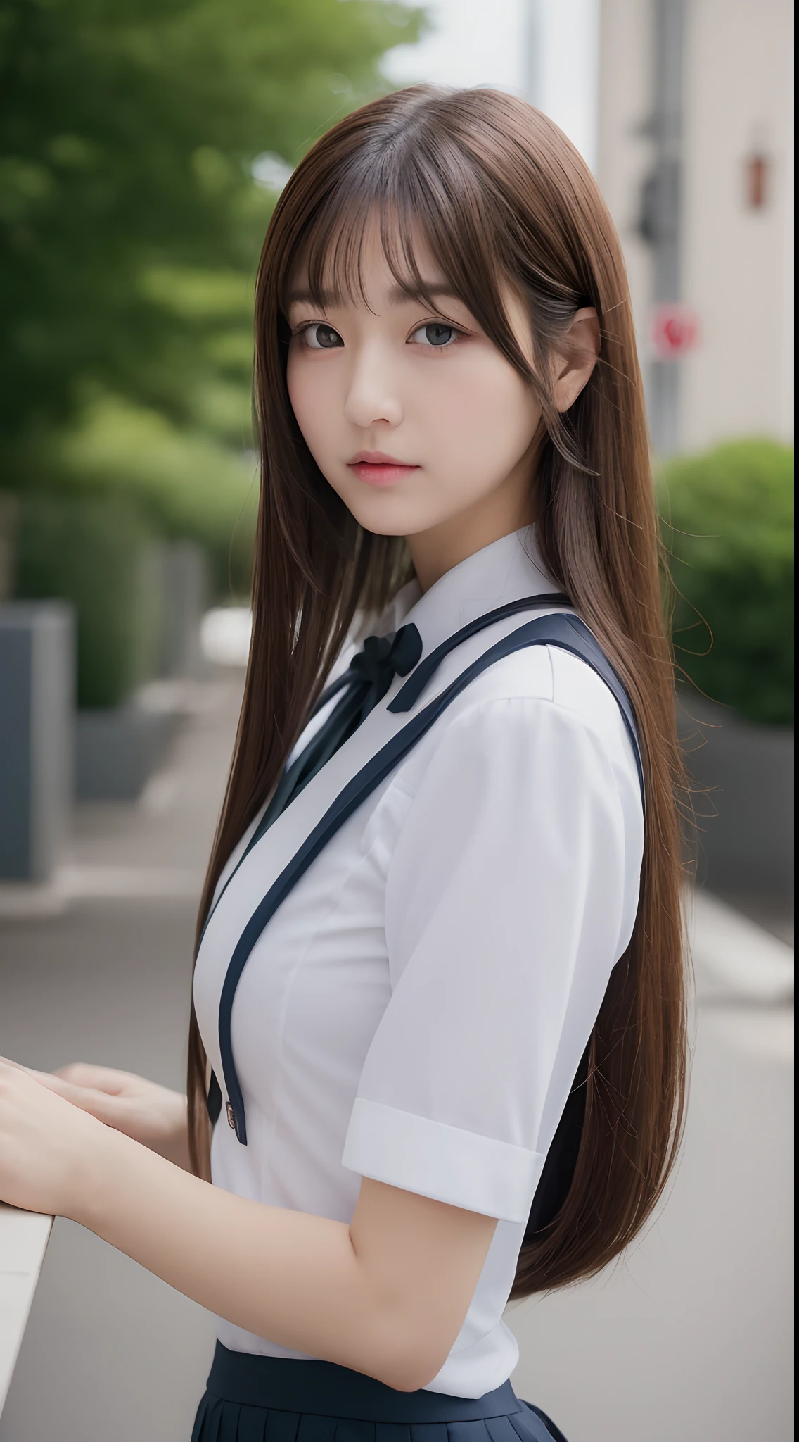 ((top-quality、8k、masterpiece:1.3))、foco nítido:1.2、Beautiful Women in Perfect Style:1.4、Slender abs:1.2、((Dark brown hair、huge tit:1.2))、(natural soft light、City Street:1.1)、Highly detailed facial and skin texture、A detailed eye、二重まぶた、Uniform Cosplay、Female, 24 years old