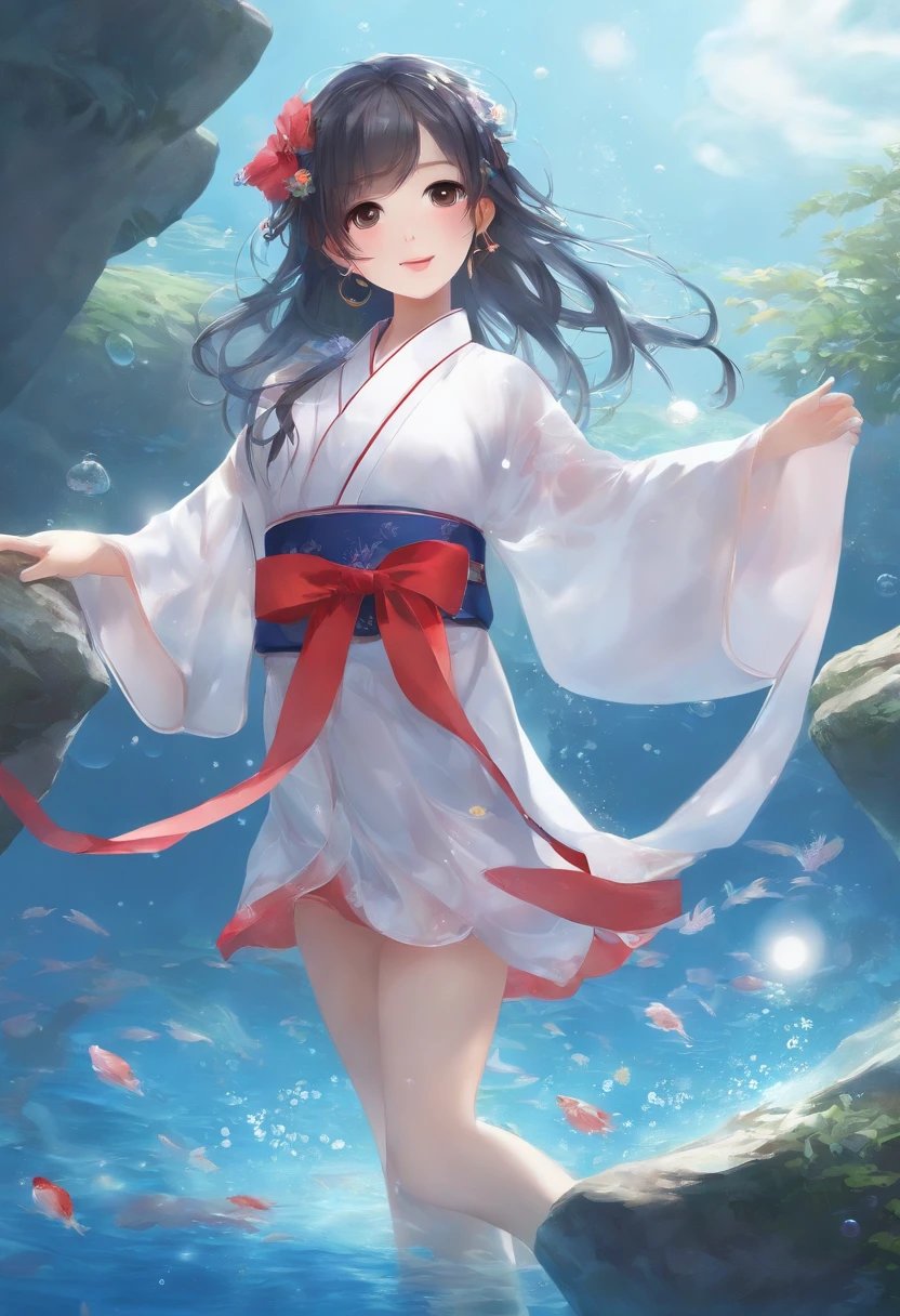 (masterpiece),(best quality),(ultra-detailed),Girls、(((tiny girl))),Moe、kawaii,(((Bouncing Dance)))、Put your feet forward、waist bending、(Open your eyes wide),(((looking up)))、(((Look up)))、(Open your mouth small)、(deadpan)、The girl on the left is holding the hand of the girl on the right、(((Blue Hagoromo)))、Translucent kimono with transparent underwear、Purple underwear、(A dark-haired)、(Bare legged)、Large red ribbon、Floral ornament、(under the water)、((Full body))、A lot of small bubbles、(((from below looking up)))