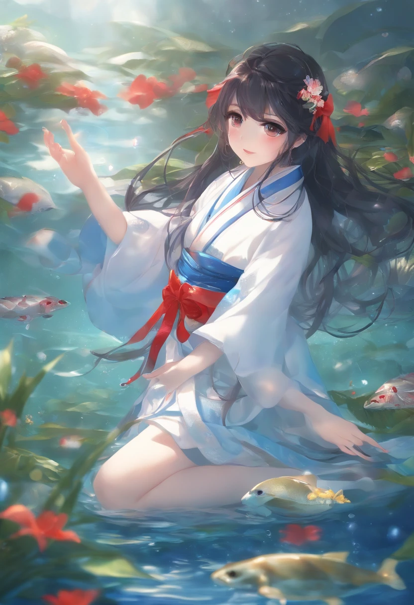 (masterpiece),(best quality),(ultra-detailed),Girls、(((tiny girl))),Moe、kawaii,(((Bouncing Dance)))、Put your feet forward、waist bending、(Open your eyes wide),(((looking up)))、(((Look up)))、(Open your mouth small)、(deadpan)、The girl on the left is holding the hand of the girl on the right、(((Blue Hagoromo)))、Translucent kimono with transparent underwear、Purple underwear、(A dark-haired)、(Bare legged)、Large red ribbon、Floral ornament、(under the water)、((Full body))、A lot of small bubbles、(((from below looking up)))