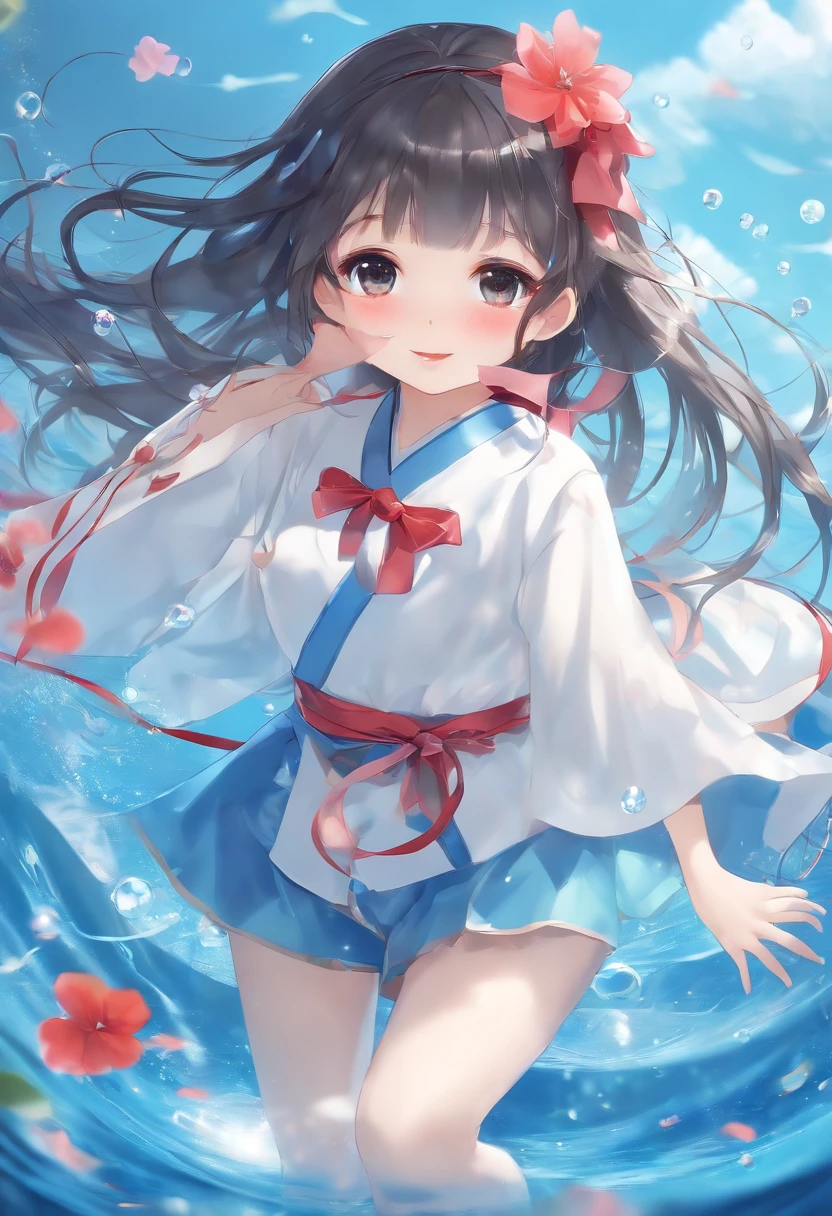(masterpiece),(best quality),(ultra-detailed),Girls、(((tiny girl))),Moe、kawaii,(((Bouncing Dance)))、Put your feet forward、waist bending、(Open your eyes wide),(((looking up)))、(((Look up)))、(Open your mouth small)、(deadpan)、The girl on the left is holding the hand of the girl on the right、(((Blue Hagoromo)))、Translucent kimono with transparent underwear、Purple underwear、(A dark-haired)、(Bare legged)、Large red ribbon、Floral ornament、(under the water)、((Full body))、A lot of small bubbles、(((from below looking up)))